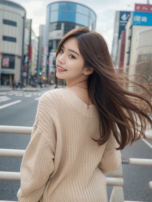 Detailed details,、High resolution、high quality、perfect dynamic composition、beautiful and fine eyes、long hair、small breasts、natural color lip、Kamimei、Shibuya Ward、20 year old girl、1 person、transparent skin、shining hair、table top、最high quality、finely、High resolution、8K、correct state of the human body、random pose、sculpture model pose、Mini One Piece、cardigan、((hair flying in the wind:1.5))、(from behind:1.3)、cowboy shot、Turn around and laugh