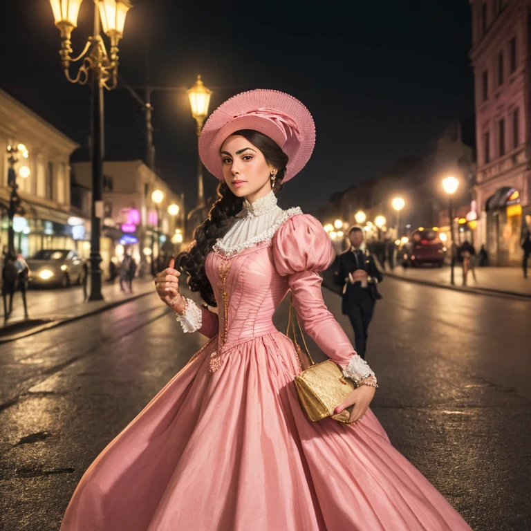 Hyper-realistic , beautiful portrait, close-up, high resolution, 8k,of a woman in a pink dress and hat walking down a street, walking at night.by the , street lamps at night, Victorian lady, a beautiful Victorian woman, Victorian fantasy art, Herbert James Draper,  dressed in Victorian clothes, Vittorio Matteo Corcos, beautiful character.