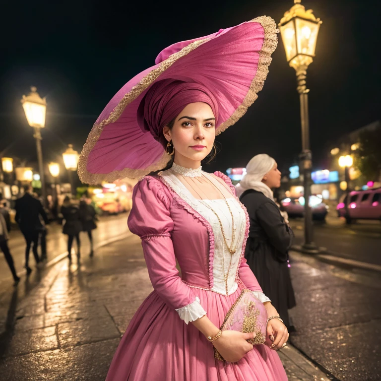 Hyper-realistic , beautiful portrait, close-up, high resolution, 8k,of a woman in a pink dress and hat walking down a street, walking at night.by the , street lamps at night, Victorian lady, a beautiful Victorian woman, Victorian fantasy art, Herbert James Draper,  dressed in Victorian clothes, Vittorio Matteo Corcos, beautiful character.