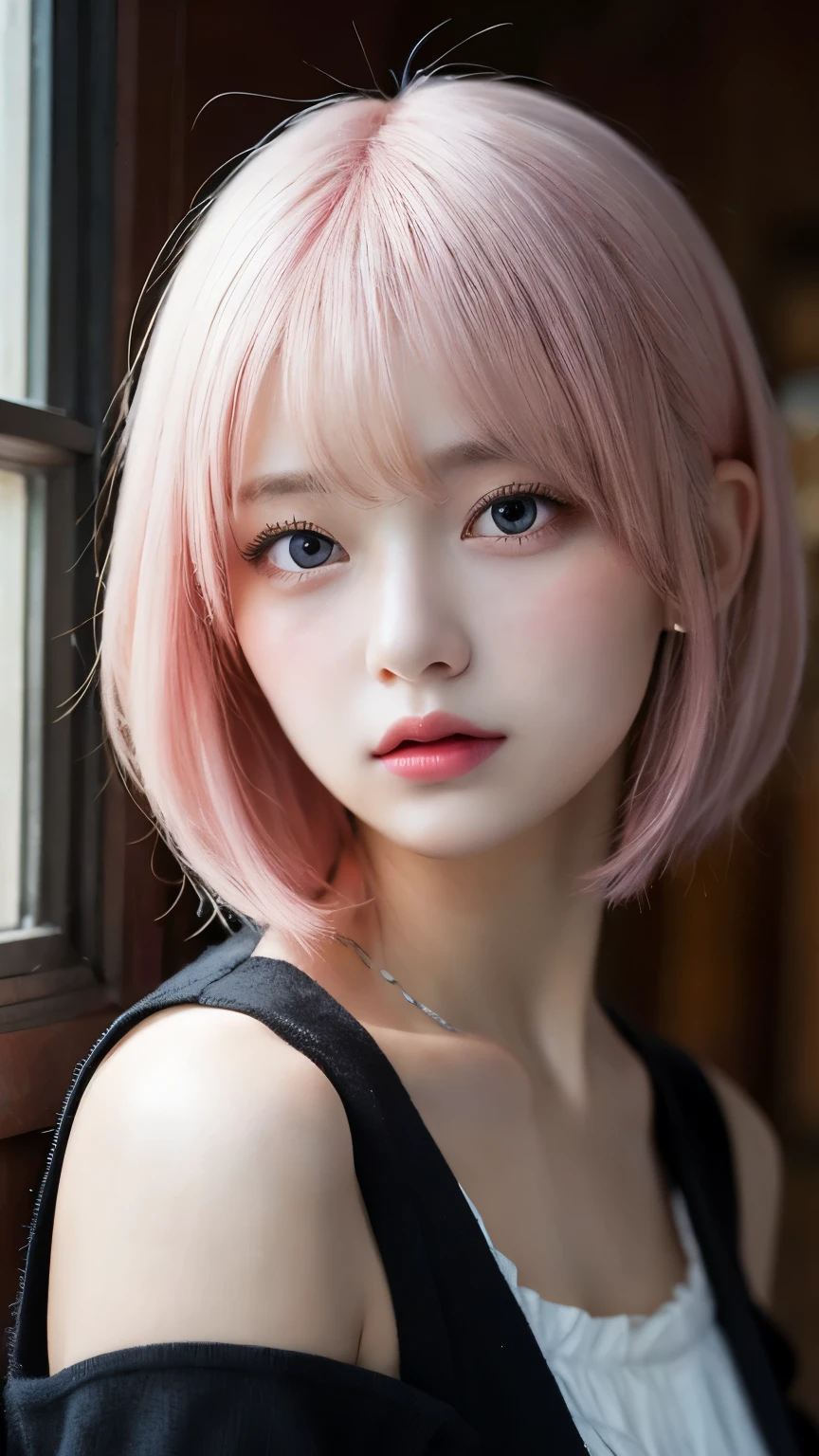 muste piece, best quality, illustration, Super detailed, fine details, High resolution, 8K,wall paper, perfect dynamic composition, beautiful detailed eyes, White camisole,short bob hair、pink hair color,Big Natural Color Lip, bold sexy pose,crying a little、cold gaze,Harajuku style、20 year old girl、cute type、lolita、good eyes、in a dark house