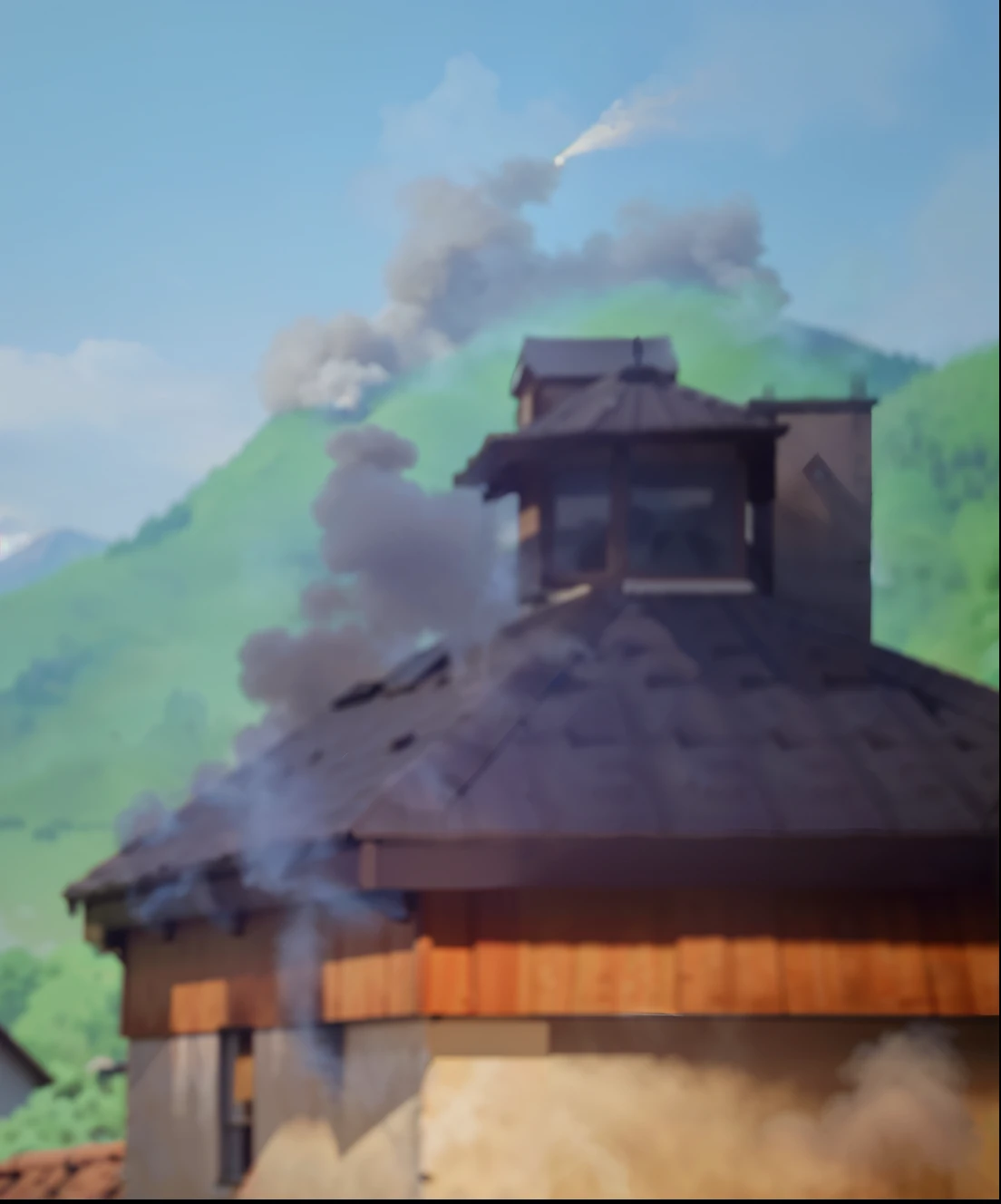 Off-white、light color smoke,roof,house,distant mountains,Sky。high quality, 4K,realistic-cartoon, Super details,non blurry,clear