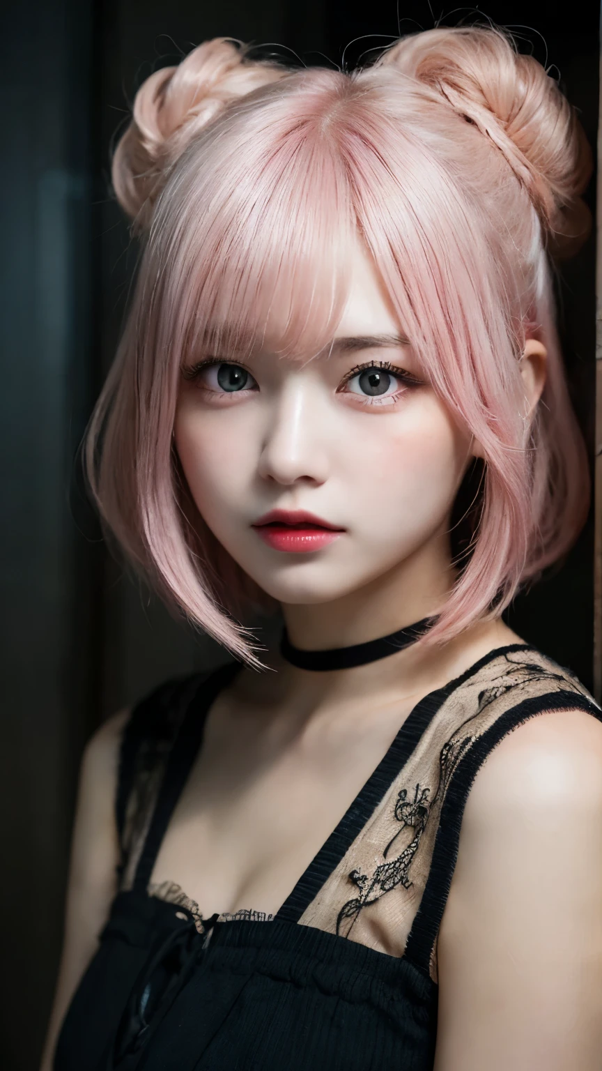 muste piece, best quality, illustration, Super detailed, fine details, High resolution, 8K,wall paper, perfect dynamic composition, beautiful detailed eyes, White camisole,short bob hair、pink hair color,Big Natural Color Lip, bold sexy pose,crying a little、cold gaze,Harajuku style、20 year old girl、cute type、ta、good eyes、in a dark house