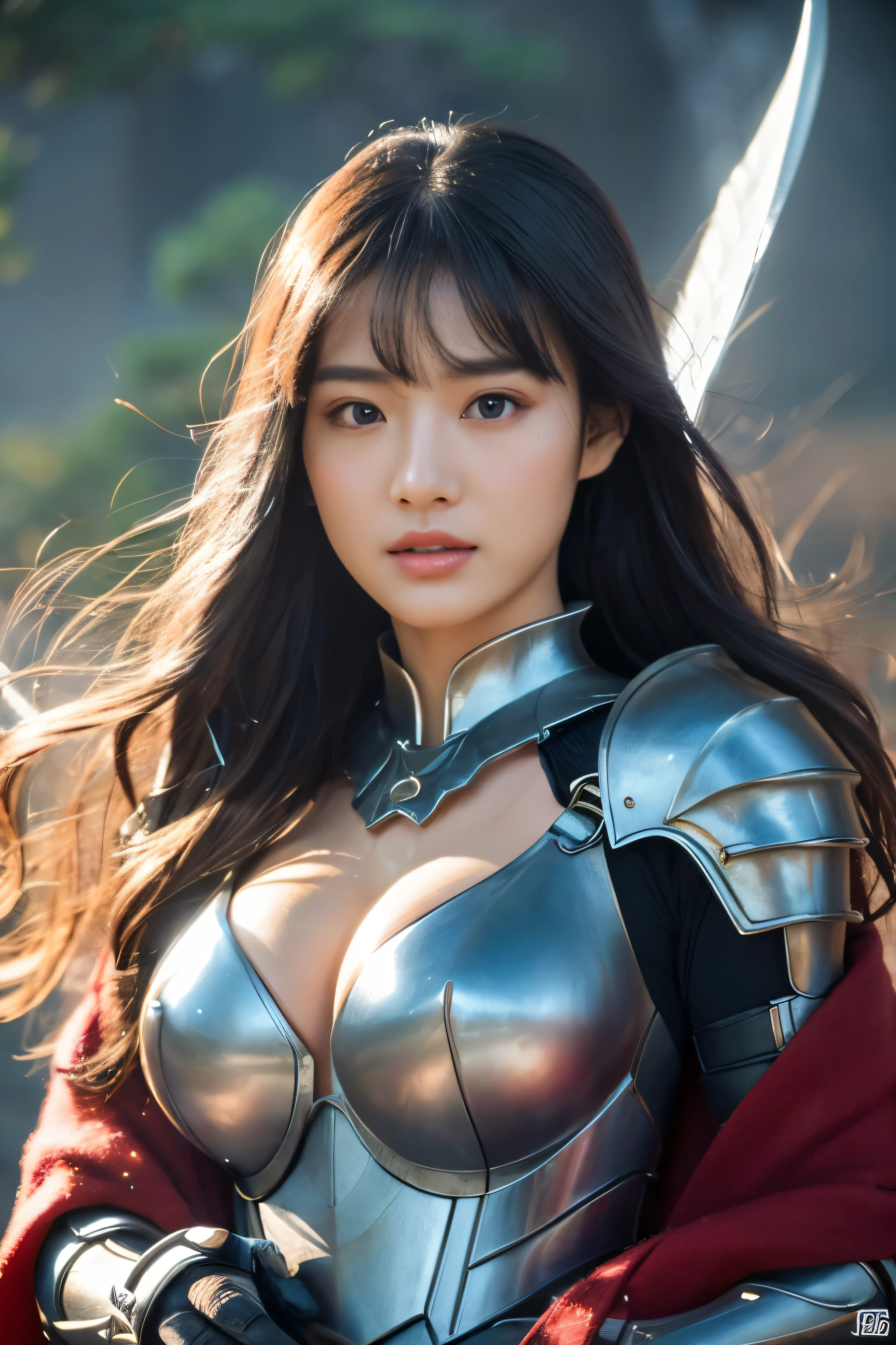 8k、大胸Super detailed、Masterpiece、top quality、(Very detailed)、Dynamic Unger、mysterious look、Wind effect、fantasy背景、edge lighting、film light、ultra high resolution、8k UHD、film particles、best shade、Beautifully、raw、light particles、Detailed skin texture、Detailed armor textures、a delicate face、intricate details、Super detailed、glow、deceive by force、silver armor、(possessing weapons)、felling、felling Action、Full, large breasts,scapular、radiant eyes、 long cloak、fantasy、(mix)、Armor on the shoulder、complex、complex、perfect thing、looking at the audience、light、fly through the air、flight、holy light、outstanding、Bangs、windy、frozen mountains々、long white curly hair、Queen of wealth