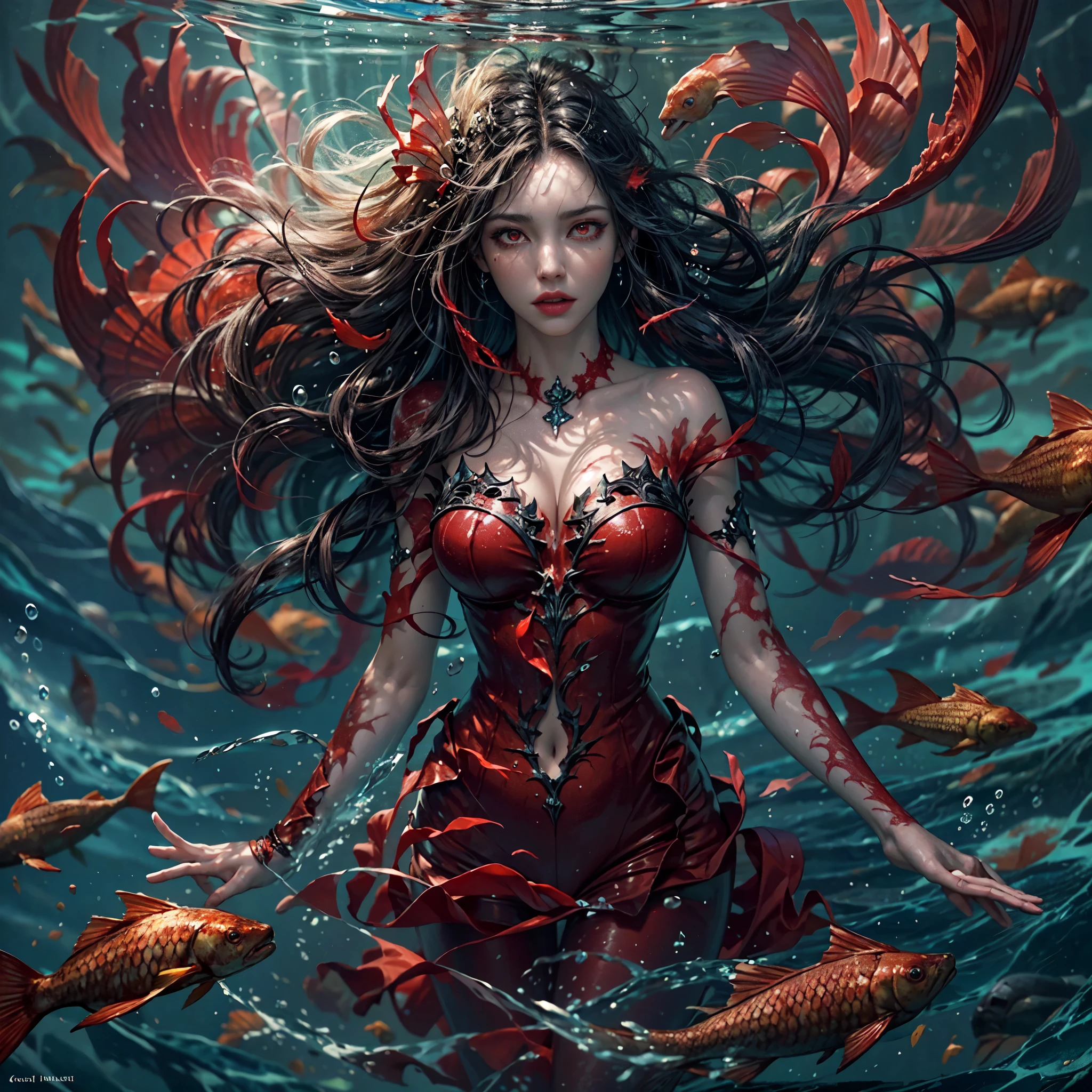 high details, best quality, 16k, [ultra detailed], masterpiece, best quality, (extremely detailed), full body, ultra wide shot, RAW, photorealistic, dark fantasy art, dnd art, rpg art, realistic art, an ultra wide picture of a vampiric mermaid (1.5 intricate details, Masterpiece, best quality)  blood mage casting ((blood control spell)),  blood wizard ((blood magic, intense magic details)), ((controlling a swirling mass of blood)) underwater, magical symbols GlowingRunes_pink, female vampiric mermaid, pale skin, black hair, long hair, swirling hair, lower body tail fin, intense eyes, red eyes, small  (( red eyes)), ((glowing eyes)), wearing sea shell clothing, beautiful dark mermaid, underwater background, rich underwater life, ((magical atmosphere)), fish and sea weeds, high details, best quality, highres, ultra wide angle