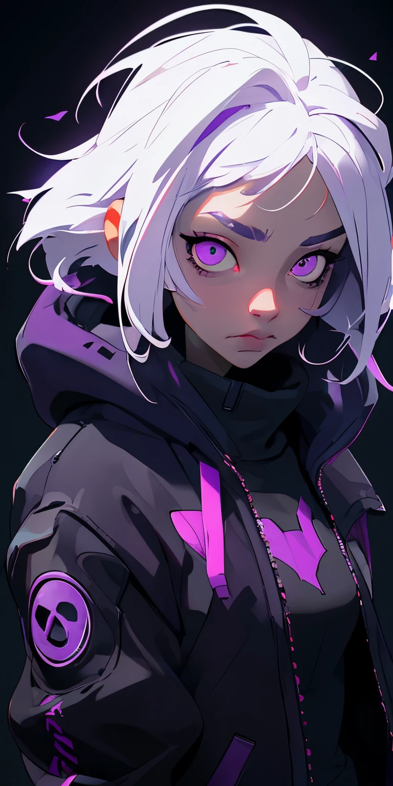 (masterpiece, best quality), 1girl ,stoicface , purple glowing eyes, wearing a cyberpunk hoodie, white hair,