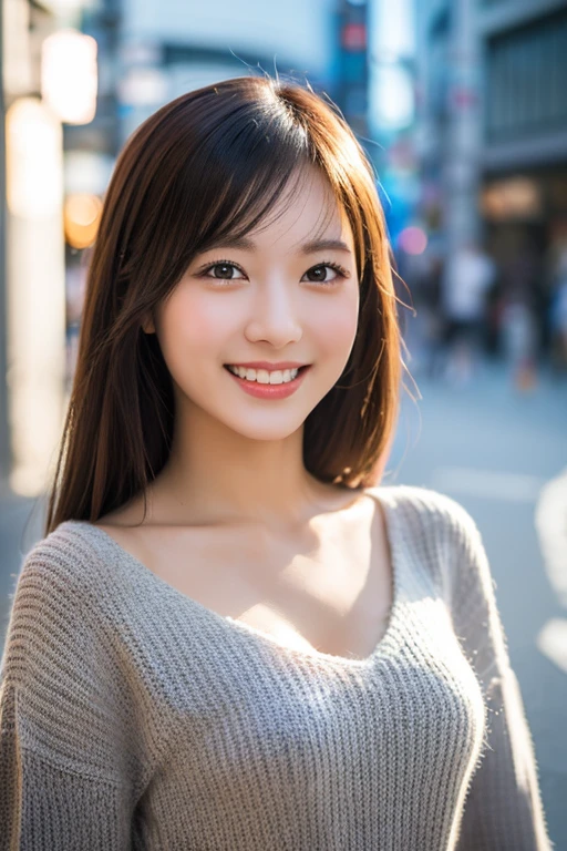 Highest quality, masterpiece, Ultra-high resolution, 8k, to be born, (Photorealistic:1.4), Professional Lighting, Low Angle, 1 girl, (Detailed Background:1.5), Tokyo Shibuya Street, whole body, thin, Dynamic pose, cute, smile, Small breasts, Quality clothing, Knitted dress