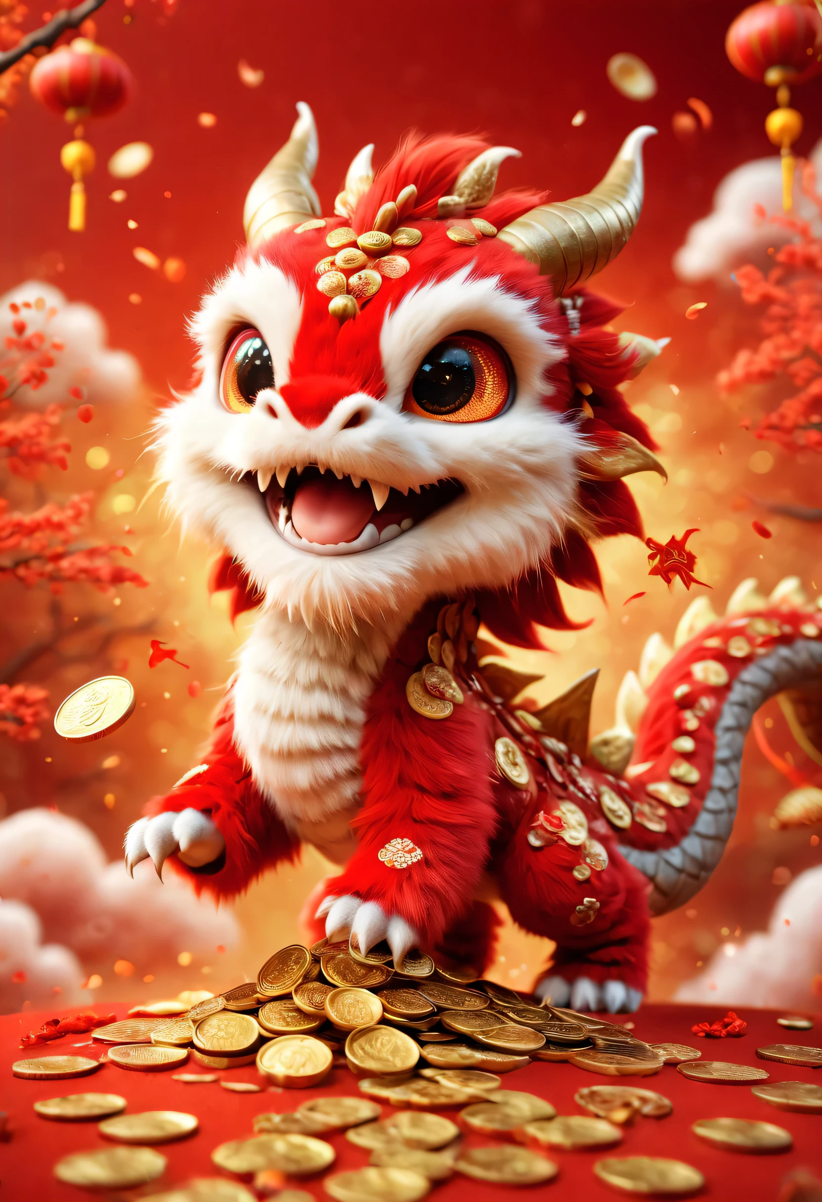 poster design：Chinese New Year is here，Cute little Chinese dragon is so happy，hairy，There are many gold coins in the air，red background blur，