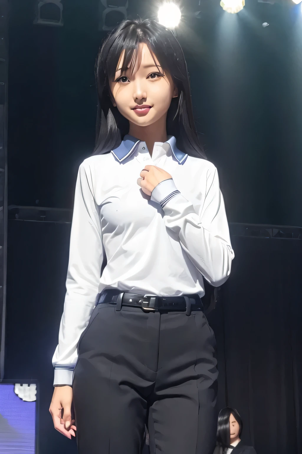 (((pixel perfect, Perfection with attention to detail))), alone, 1 girl, Chihaya Kisaragi, (black hair), stage, Idol, (Blue long sleeve polo shirt, Dark blue slacks), looking at the viewer, :d, smile, break (flat chest:1.5)