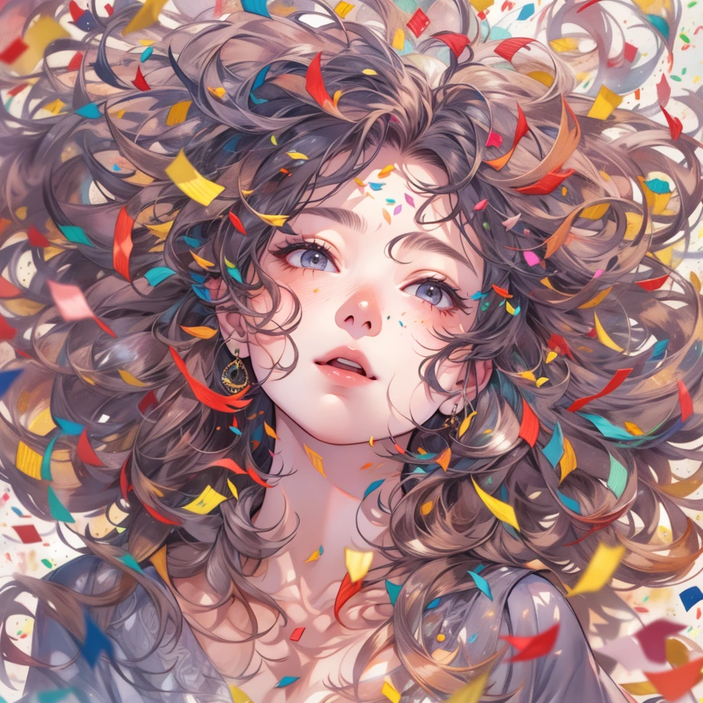 Color Style、digital art、official art、blown by the wind、masterpiece、beautiful face、(watercolor painting)、(colorful confetti:1.3)、intricate details、great details