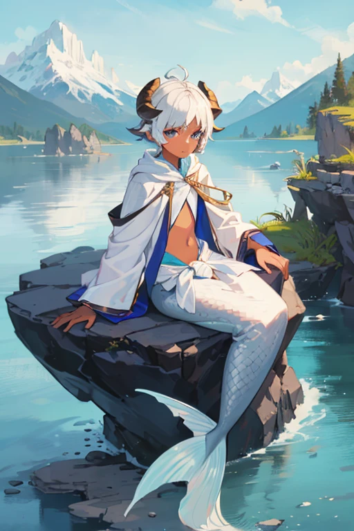 merman men、dark brown skin、light blue eyes、light blue scales、1 person、delicate、12 years old、、messy short white hair、Goat horns、White robe、Navel exposed、mountains、plateau、Drying、sitting on a rock、close to the face、Only from the waist up