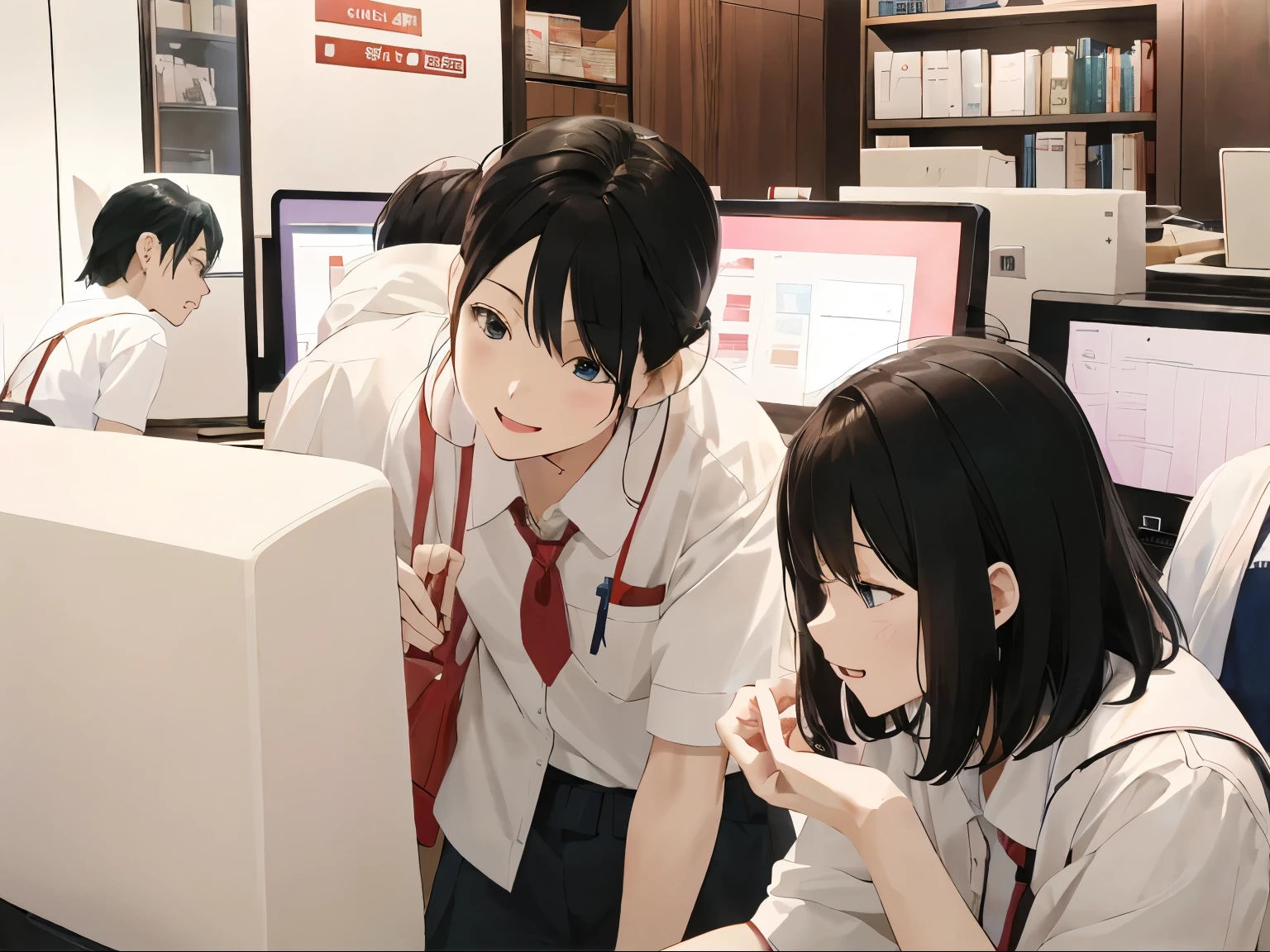 Anime character in the computer room and a female student wearing a uniform with a blue ribbon, Realistic anime 2d style, digital anime illustration, The person on the left has a navy blue skirt., Smooth anime CG art, digital anime art, trending on cgstation, detailed digital anime art, visual novel CG, digital manga art, anime style digital art,smile