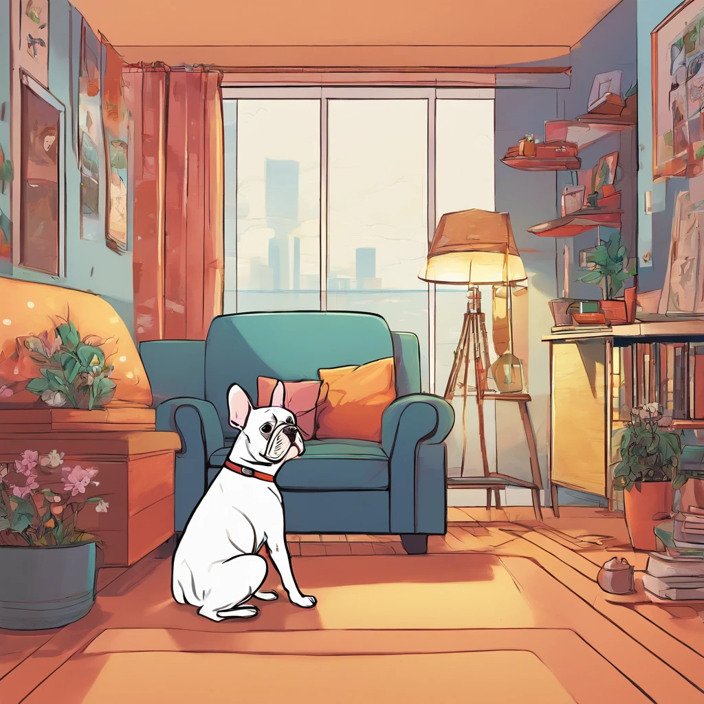 8K、High resolution、lo fi、dog、French Bulldog、room、sitting