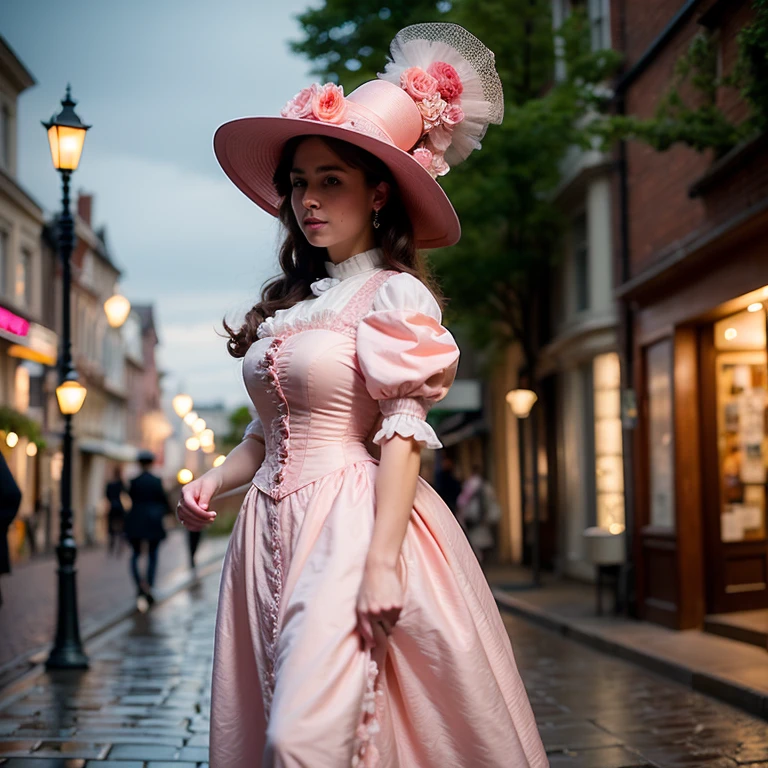 Hyper-realistic , beautiful portrait, close-up zoom, high resolution, 8k,of a woman in a pink dress and hat walking down a street, walking at night.by the , street lamps at night, Victorian lady, a beautiful Victorian woman, Victorian fantasy art, Herbert James Draper,  dressed in Victorian clothes, Vittorio Matteo Corcos, beautiful character.