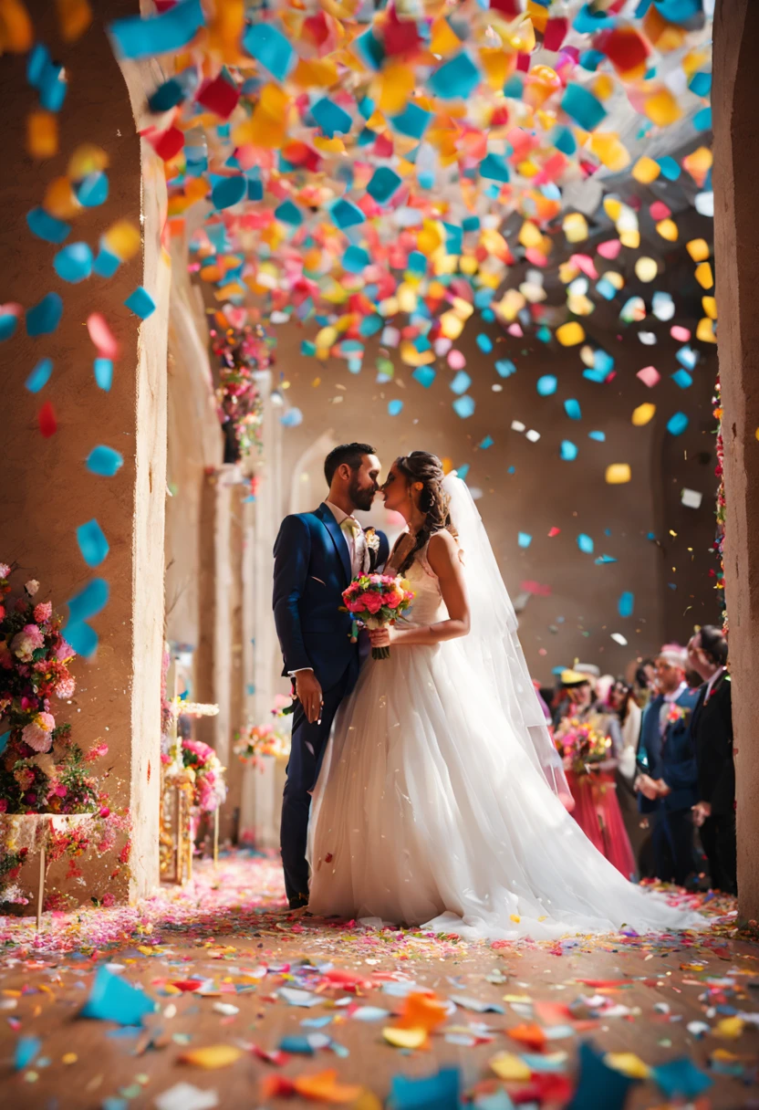 Colored confetti/confetti/colorful confetti.At the wedding site, The bride and groom received blessings from colorful paper pieces falling like snowflakes from all directions....Best still life composition(best quality,4K,8k,high resolution,masterpiece:1.2),super detailed,(actual,photoactual,photo-actual:1.37),(Super quality,super detailed,super complex,extremely complex)Soft and natural light and shadow.super wide angle, (Detailed texture),Background covered with film grain,
