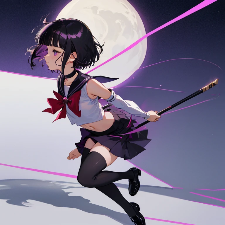{{{{amazing quality, great quality, high quality, very aesthetic, aesthetic, best quality}}}},
realistic, photo, shadow, Three-dimensional, absurdres, Digital art,
black hair, short hair, trimmed hair, shiny hair, blunt bangs, short sideburns,
{{flat chest}}, {{small breasts}}, {{detailed body}}, slim thighs, thin thighs, 8 years old,
purple eyes, big eyes, round eyes, tareme, both shoulders expose, covered navel, sickle of silence, scythe, A big smile,
white leotard, purple sailor collar, purple skirt, white elbow gloves, white gloves, purple boots,
purple choker, jewelry, heart brooch, red bow tie, red butt ribbon,
beautiful girl, one girl, cute, pretty, lovely, charming, teenage, kawaii, younger sister, , ,
dynamic composition,