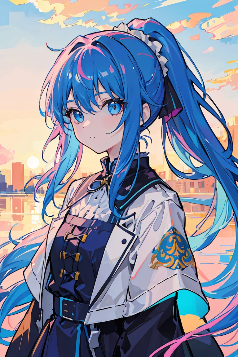 1 girl, colorful clothes, white long hair, high ponytail, e blue eyes, blue sky, Baiyun, colorful hair, messy hair, Tonalism, romanticism, modern art, Impressionism, reflected light, 8K, masterpiece, advanced details, highest quality, Accurate