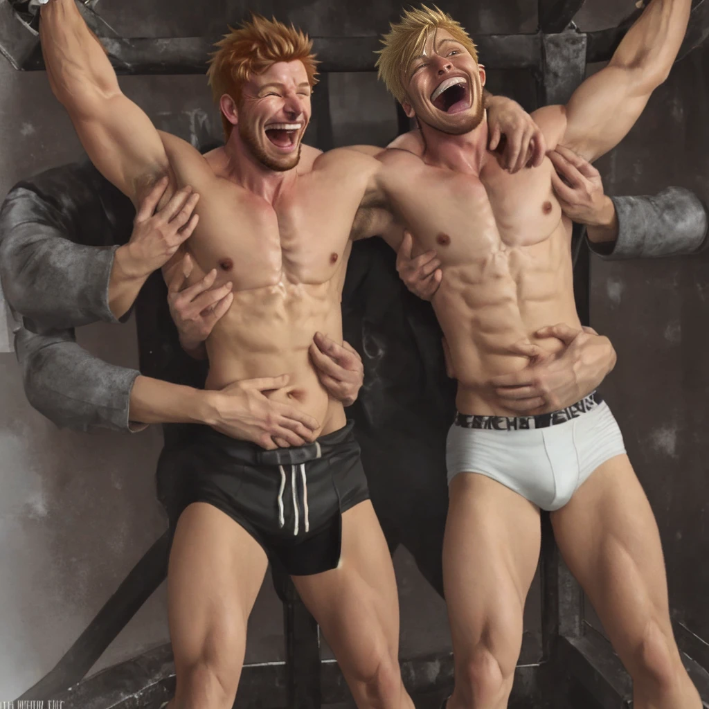 two men, muscular, macho, male body, shirtless, ginger haired, bearded, blonde, laughing, restrained hands, tickled, tickling, tickled feet, tickled armpits , tickled abs, tickled belly button, tickled ribs, tickled feet, tickled hips, muscular men restrained by hands, in a pit of several disembodied red hands laughing next to eachother and tickled, (hands everywhere 1:1)