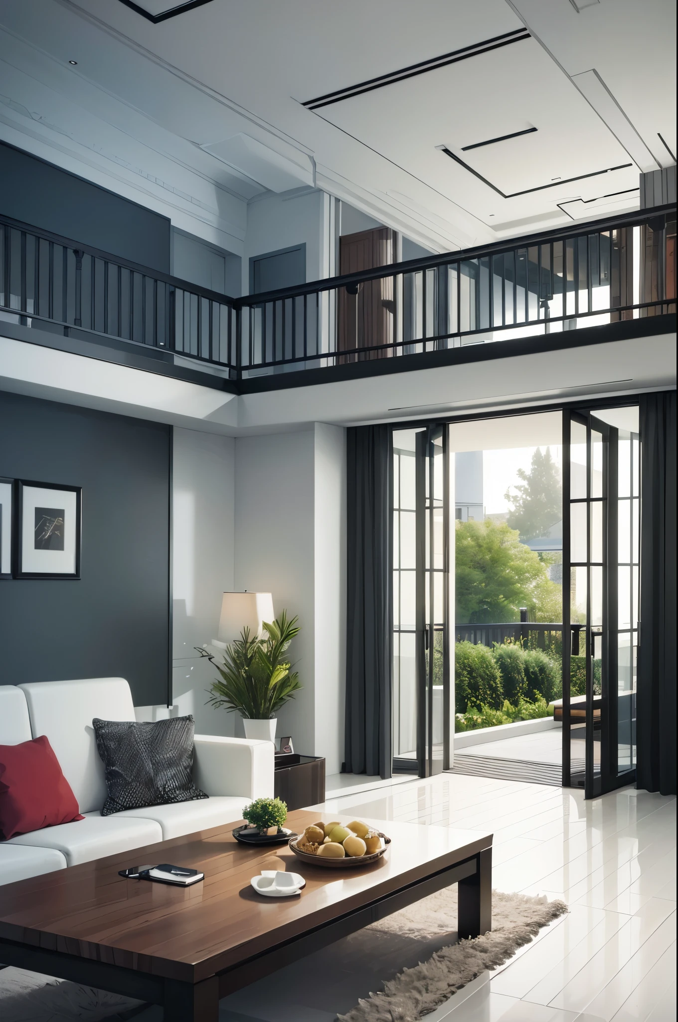You are a famous interior designer、You have been asked to create a 3D image of a modern large room. Create a harmonious environment with modern and minimalist furniture. Including garden interior.