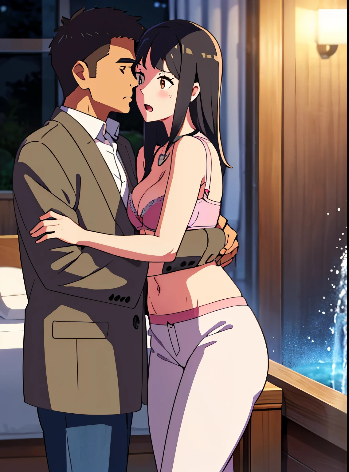 1middle age man, wrinkle face, black hair,bangs swept to the right side, Middle aged man behind girl, touching chest, breatsgrope from behind, grab, grabbing chest,chestgrab behind back, removing bra, hold bra, hug back, hugging, neck kiss, 1girl, black hair, waterfall braid, red ribbon, long hair, brown eyes, blue star necklace, light cardigan pink, open shirt, yellow shirt open shifrt, navel, white bra, white pants, cute, open mouth, full body, long sleeves, cowboy shot, masterpiece, on a dating, blushing, bedroom, night, sit on bed