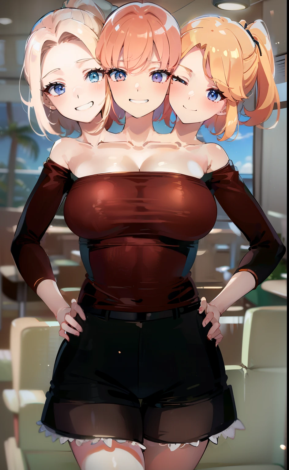 best quality, (masterpiece),(ultra-detailed), (high quality), (high resolution), (3heads:1.5) copper blonde hair, red orange hair (larger breasts), cleavage, best quality:1.5, highres, UHD, 4K), smiling, ((white t shirt)), ((black shorts)), wearing heeled boots, (detailed glowing blue eyes), (mature woman), casual dress, sexy proportions, (exposed midriff), thighs, Beautiful girl with accentuated slender abs, eyeshadow, beach background