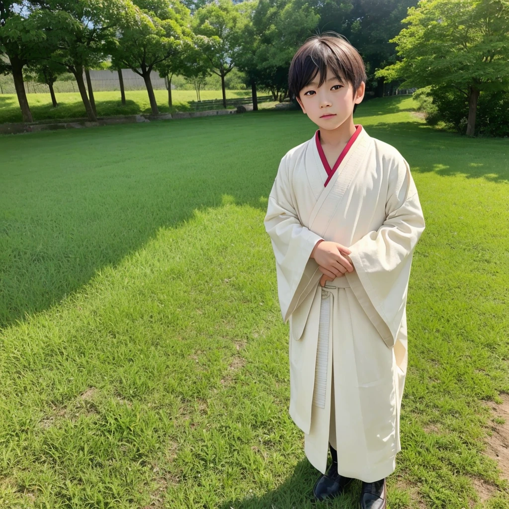 High resolution, Super detailed, masterpiece, highest quality,oriental、boy、grassland、Wearing traditional Japanese costumes、alone、have medicinal herbs、Agricultural operations、