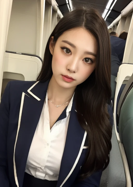 On the plane、Flight attendants' revealing costumes、whole body、A woman with the same face as last time(misaki),4K、1people's women、slender、 Loose wavy styling 、seductive and attractive,Including face and skin texture,detailed eyes、a seductive look