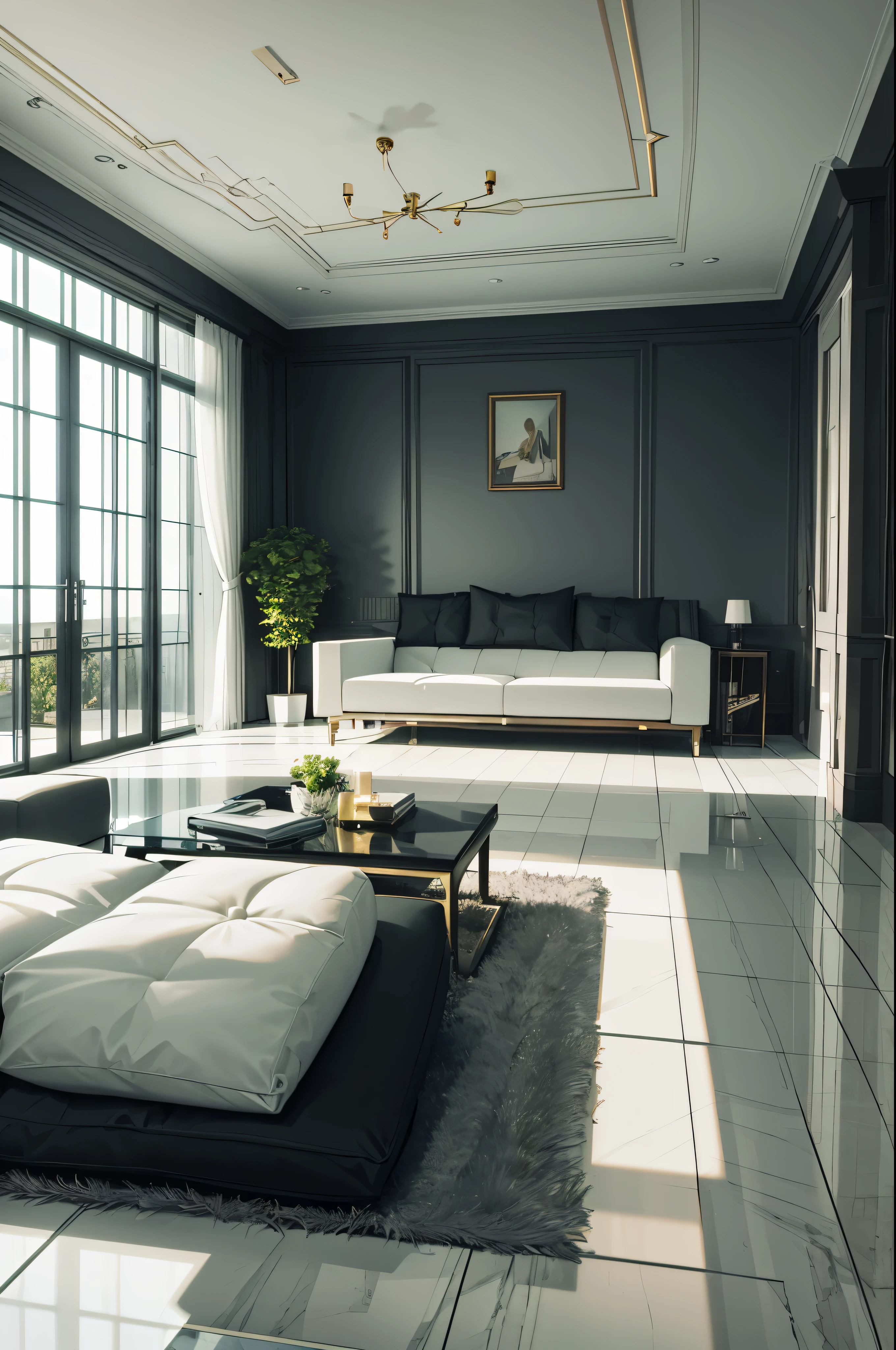 You are a famous interior designer、You have been asked to create a 3D image of a modern large room. Create a harmonious environment with modern and minimalist furniture. Including garden interior.
