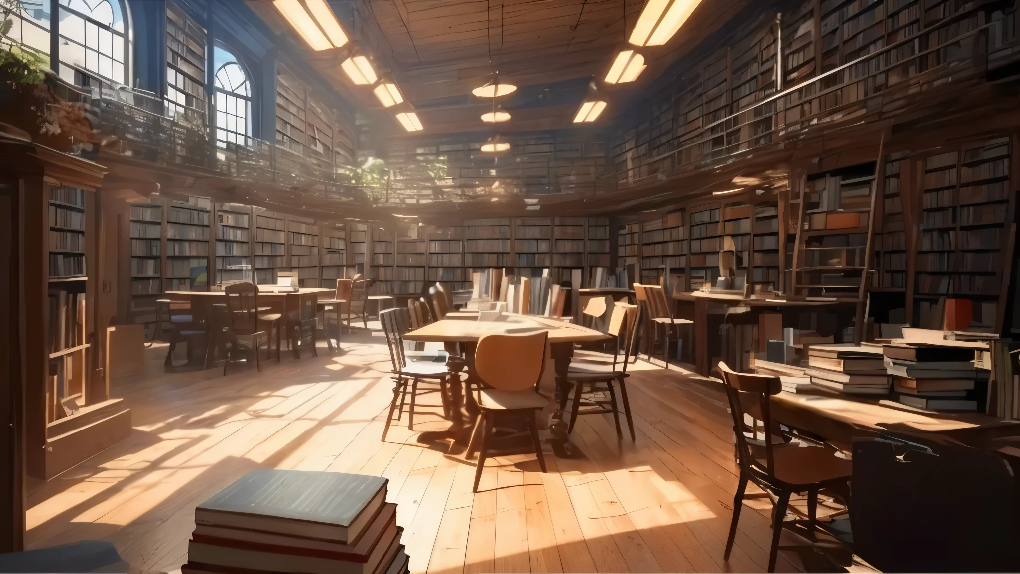 high quality、最high quality、Photo taken from a computer in a library with tables and chairs, Inside the Library background, studio glibly makoto shinkai, Library Background, fancy library, cozy cafe background, cafe interior, Inside the library, dusty library, 8K Vray Rendering, ((((Inside the Library)))), octane rendering. by makoto shinkai, ancient library