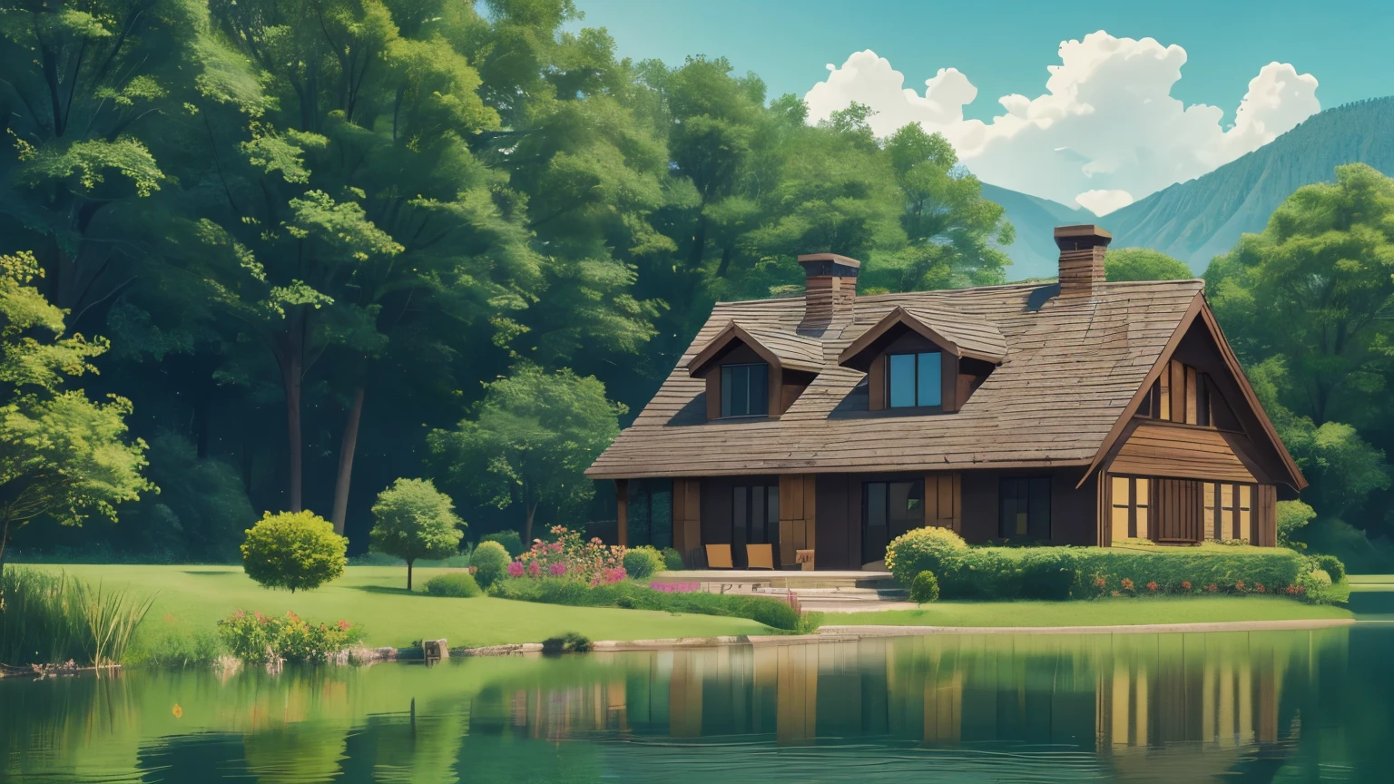 a house with green scenery and lake illustration art
