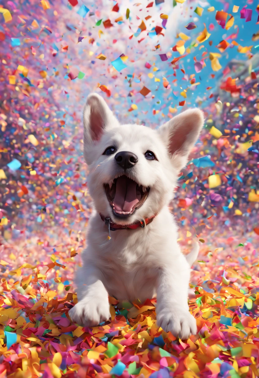 Cute puppy excitedly playing in swirling cloud of colorful confetti at festival, confetti raining down around happy puppy, hyperdetailed, detailed matte painting, Unreal Engine 5, beautiful composition, deep color, fantastical, intricate detail, fantasy concept art, 8k resolution, HD resolution