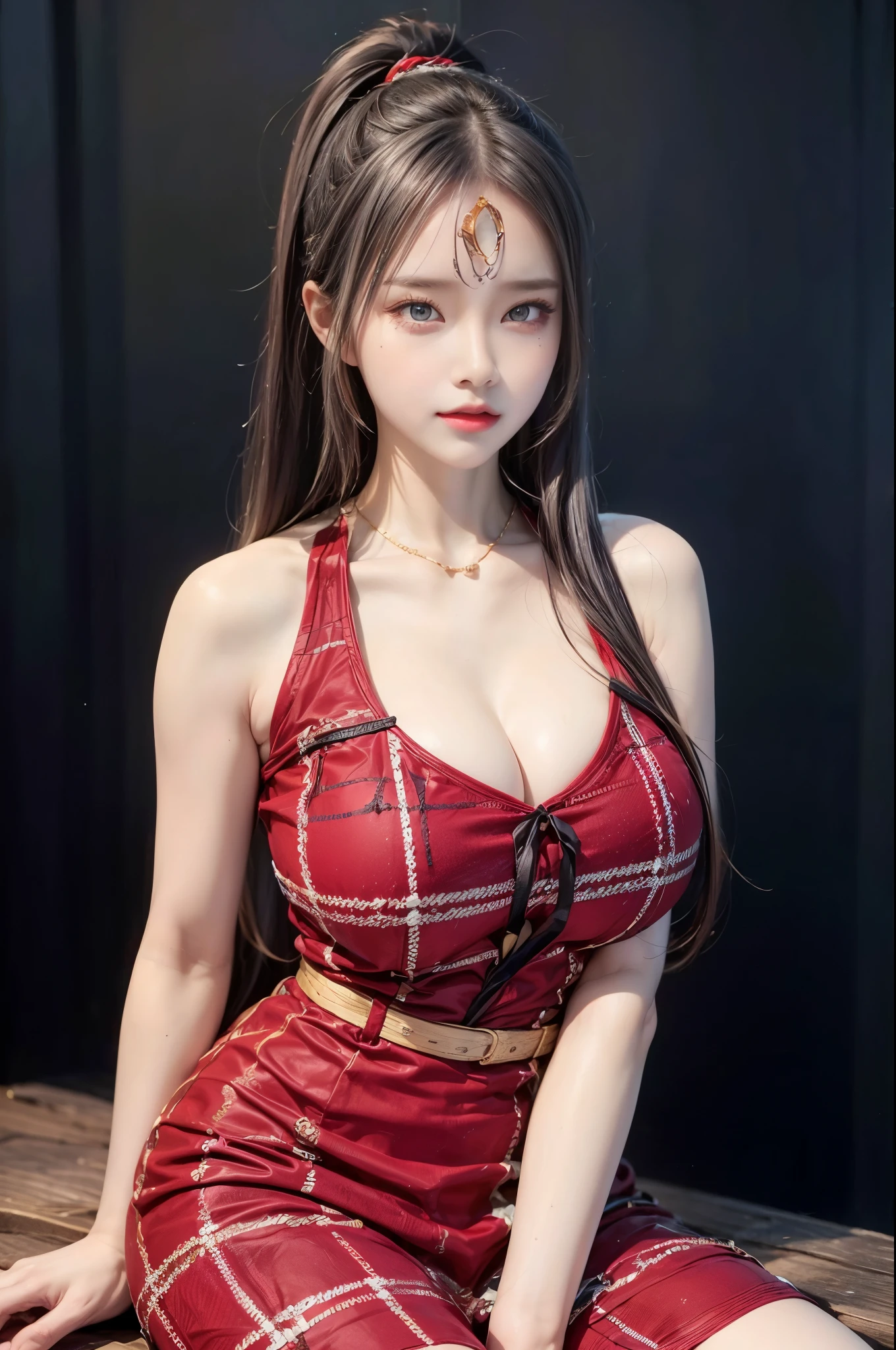 realistic, 1 women, best quality, 12k, HD, long hair, big round breasts, cleavage, ponytail, necklace, jewelry, shorts, short jacket, slim hips, hair tie, yellow eyes, black hair, super detailed, Eye details, hair details, person details, mouth details, face details, breast details, clothes details, hair details, pants details, hand details, whole body