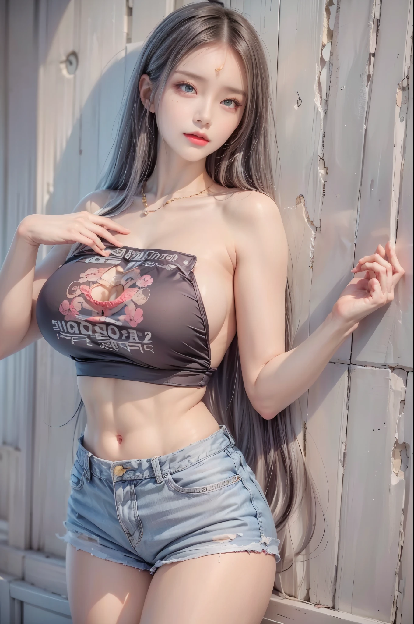 realistic, 1 women, best quality, 12k, HD, long hair, big round breasts, cleavage, ponytail, necklace, jewelry, shorts, short jacket, slim hips, hair tie, yellow eyes, black hair, super detailed, Eye details, hair details, person details, mouth details, face details, breast details, clothes details, hair details, pants details, hand details, whole body