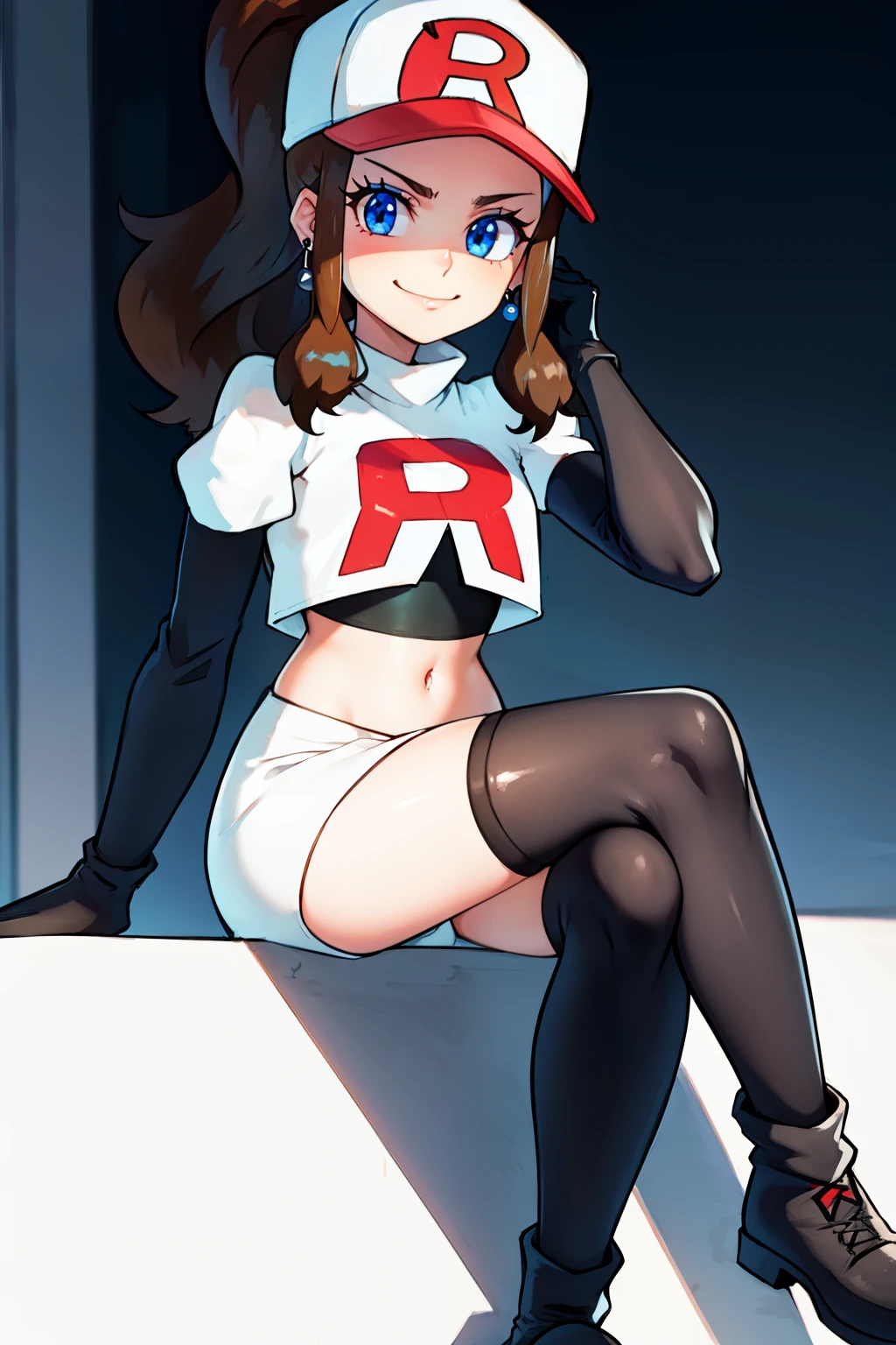 pokemonhilda, blue eyes, brown hair, long hair, ponytail, baseball cap, earrings, glossy lips ,team rocket uniform, red letter R, white skirt,white crop top,black thigh-high boots, black elbow gloves, evil smile, sitting down ,legs crossed, night sky background