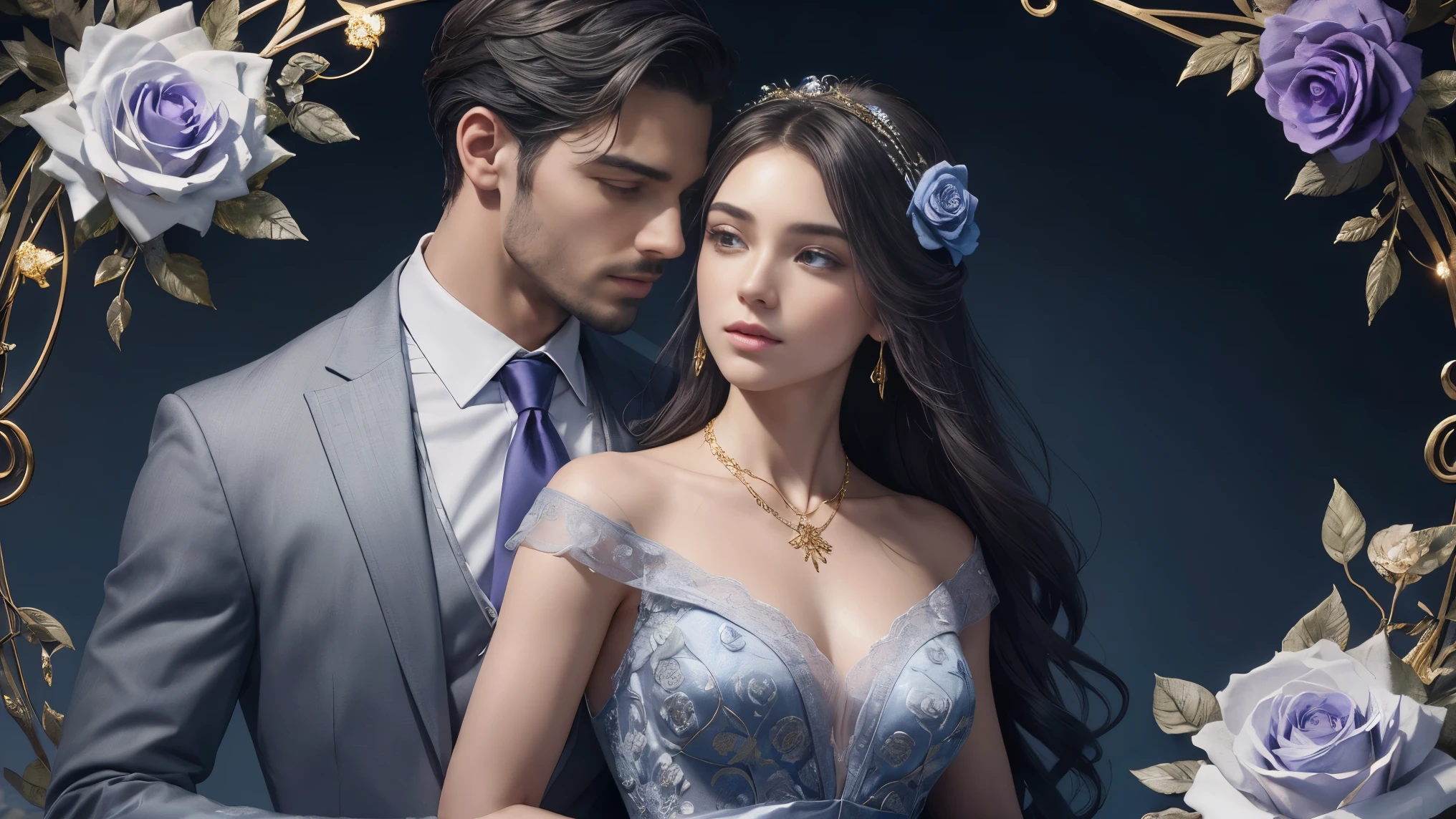 Highly detailed digital art of a man holding a woman and small grey rose from behind, close together. On the edge, intricate gold color vines and white floral designs. The background is blue, purple and gray combinations. A woman wearing a blue dress and diamond necklace. A man wearing an unbutton white shirt