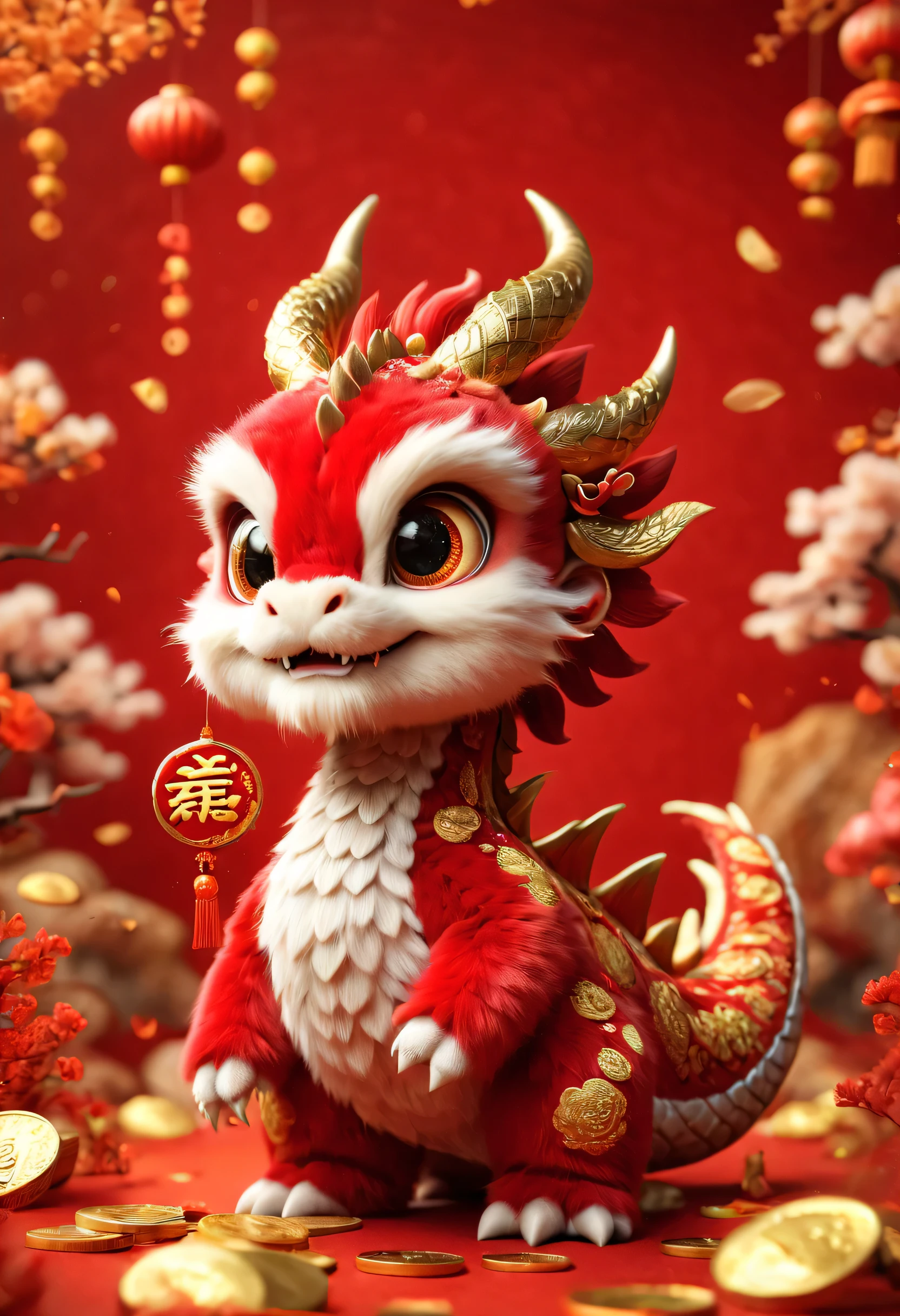 poster design：Chinese New Year is here，Cute little Chinese dragon is so happy，hairy，（There are many gold coins in the air），red background blur，