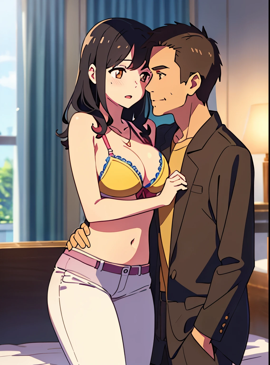 1middle age man, wrinkle face, black hair,bangs swept to the right side, Middle aged man behind girl, touching chest, breatsgrope from behind, grab, grabbing chest,chestgrab behind back, removing bra, hold bra, hug back, hugging, neck kiss, 1girl, black hair, waterfall braid, red ribbon, long hair, brown eyes, blue star necklace, light cardigan pink, open shirt, yellow shirt open shifrt, navel, white bra, white pants, cute, open mouth, full body, long sleeves, cowboy shot, masterpiece, on a dating, blushing, bedroom, night, sit on bed