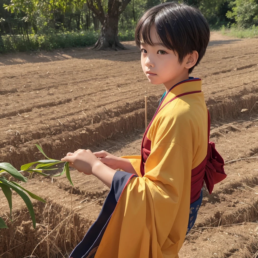 High resolution, Super detailed, masterpiece, highest quality,oriental、boy、Wearing traditional Japanese costumes、alone、boy doing farm work、