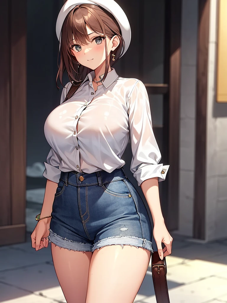 1 girl, riser, ((white shirt)), huge breasts, Naughty big breasts, ((long slender legs)), ((thin waist)), thighs, beret, denim shorts, cowboy shot, Curvaceous, Beautiful woman, pretty face, my shirt got wet