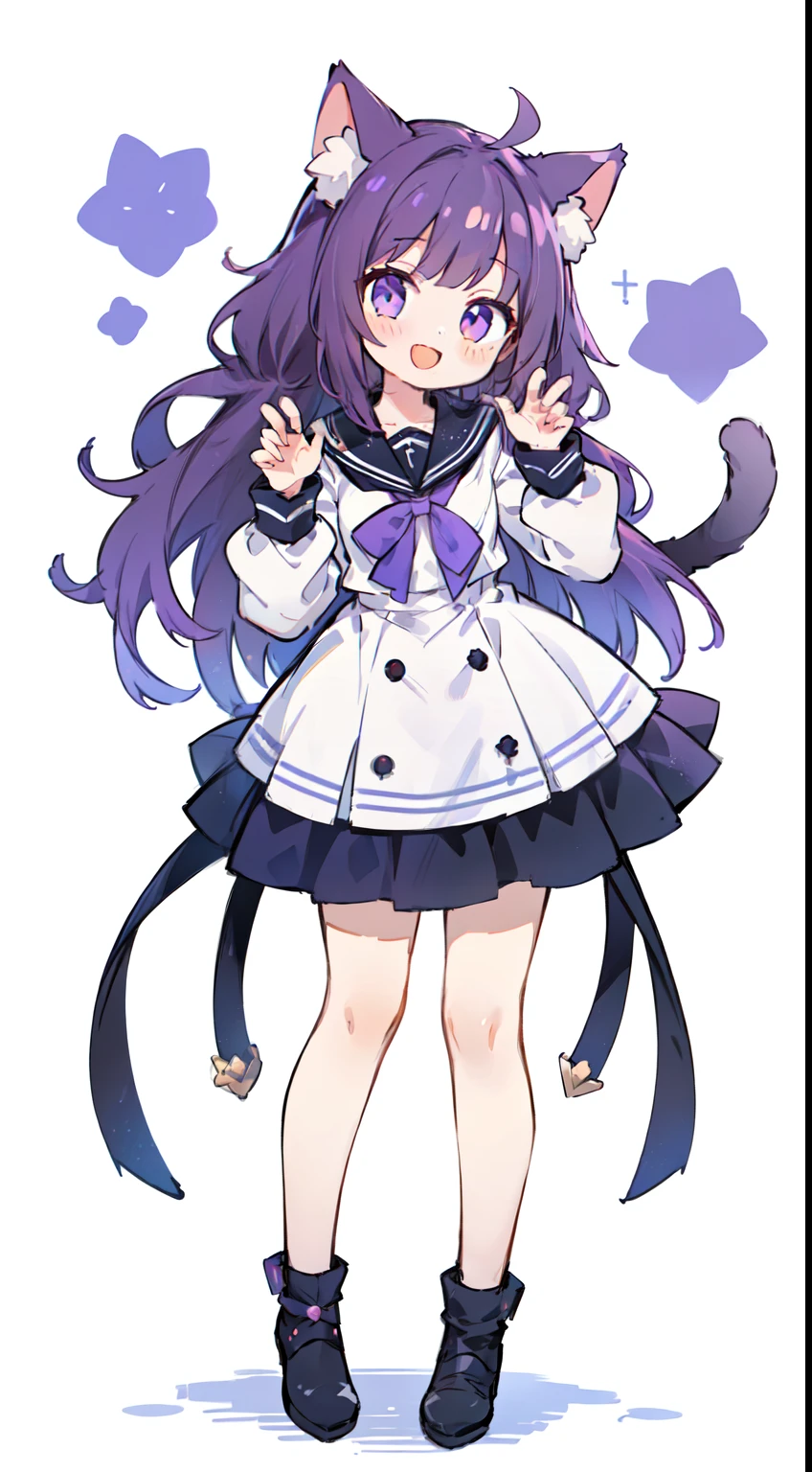 1 girl、((full body esbian、Standing picture:1.2)), highest quality、masterpiece、purple hair, long hair, Two knots, Cat ear、black sailor suit、purple ribbon、laughter、cat pose、A smile that opens its mouth a little、white background