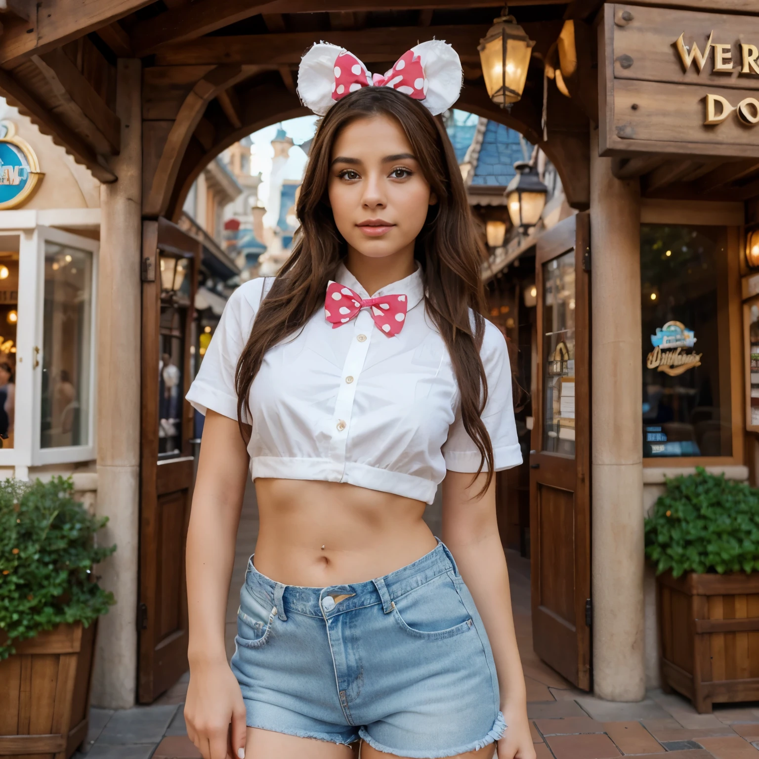 Woman in Minnie Mouse Ears Posing for Photo, Mouse ears, Disneyland, Mickey Mouse Ears, Beautiful mouse - girl, Disneyland as a backdrop, beautiful brunette girl, Disney World, Disney Artist, Disneyland, profile image, black hair with pigtails, gray mouse ears, girl with cat ears, Minnie Mouse, Disneyland background, Based on Disney, Disney character, full length, Nudie, no clothes or underwear