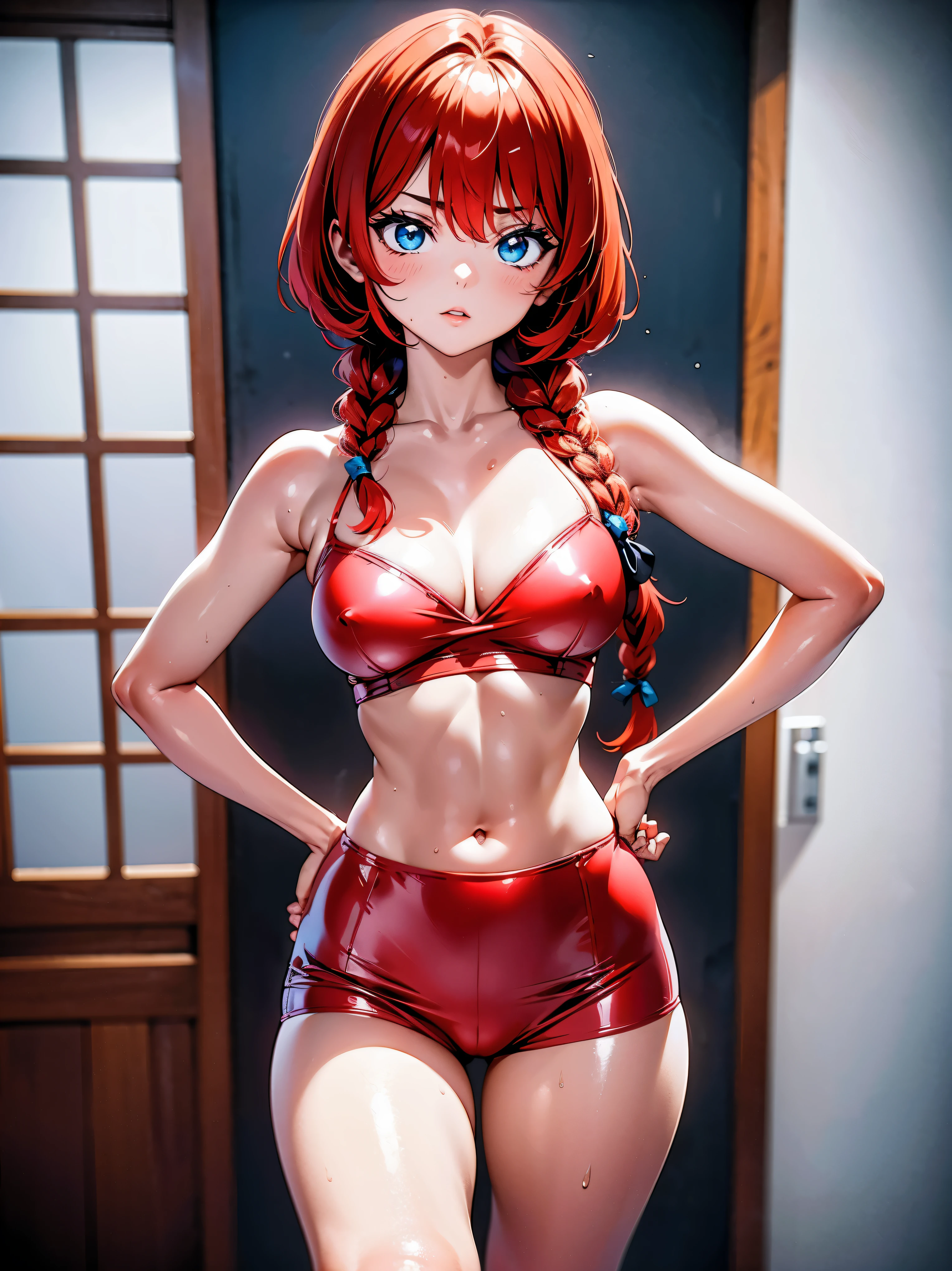 Redhead anime girl wearing pink latex top and black leather pants, , corpo bonito, seios grandes, with one hand on your waist and the other on your lips, hand on hip, hand with finger on lip, dedo na boca, grupo sexy, red hair with braid, beautiful lighting, sombras suaves, olhos azuis, pernas bonitas, hair with braid, estilo anime, Ranma Chan, Autora Rumiko Takahashi, Baseado em obra de Rumiko Takahashi, Anime Ranma 1/2, seios grandes, decote sexy, quadril robusto, corpo inteiro, corpo inteiro, Seios lindos, garota jovem com corpo belo e bonito, roupa chinesa sexy