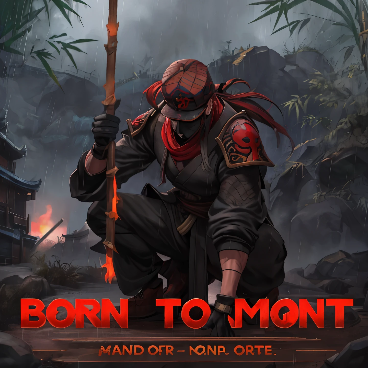 A man wearing a bamboo hat squatting in the rain, new video game cover, official artwork, epic struggle, 新The album cover, bo feng, struggle, ready to struggle, Mortal Kombat style, bossstruggle, boss struggle, Action RPG, Inspired by Kanebo, The album cover, brutal struggle, Korean massively multiplayer online games