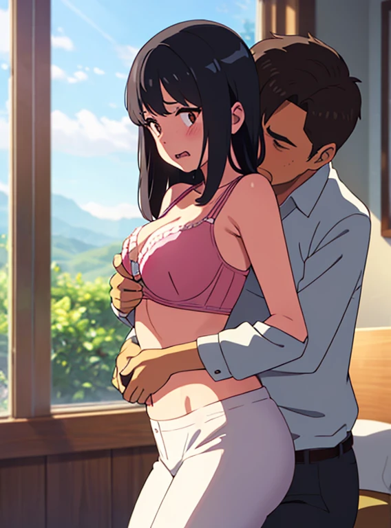1middle age man, wrinkle face, black hair,bangs swept to the right side, Middle aged man behind girl, touching chest, biting shoulders, breatsgrope from behind, grab, grabbing chest,chestgrab behind back, removing bra, hold bra, hug back, hugging, neck kiss, 1girl, black hair, waterfall braid, red ribbon, long hair, brown eyes, collared shirt, unbuttoned, medium bresst, nipples, pink nipples, white pants, cute, open mouth, full body, long sleeves, cowboy shot, masterpiece, on a dating, blushing, bedroom, night, sit on bed