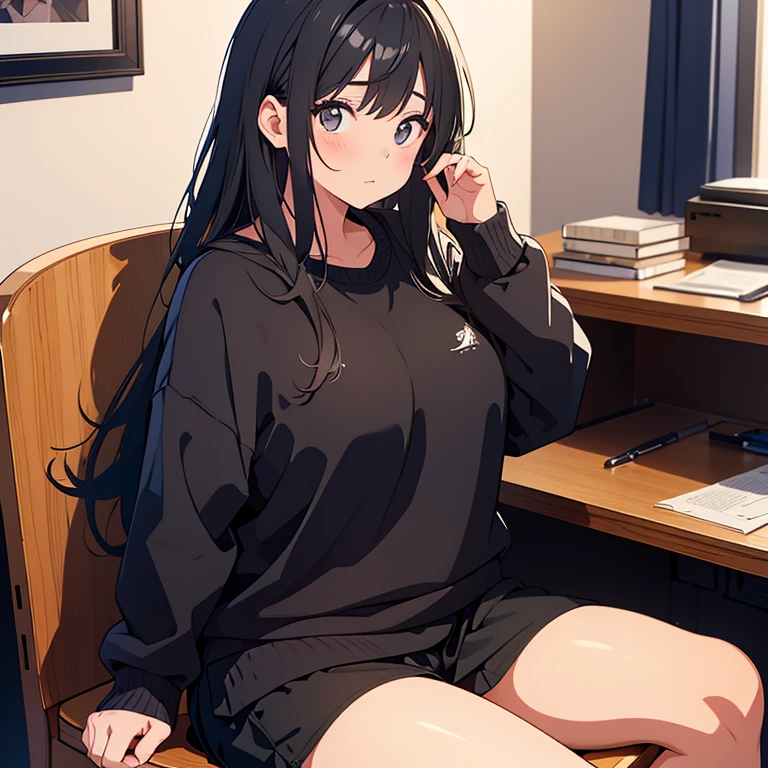 A slightly chubby girl,black long hair,black eyes,study,sit on a chair,black sweatshirt clothes
