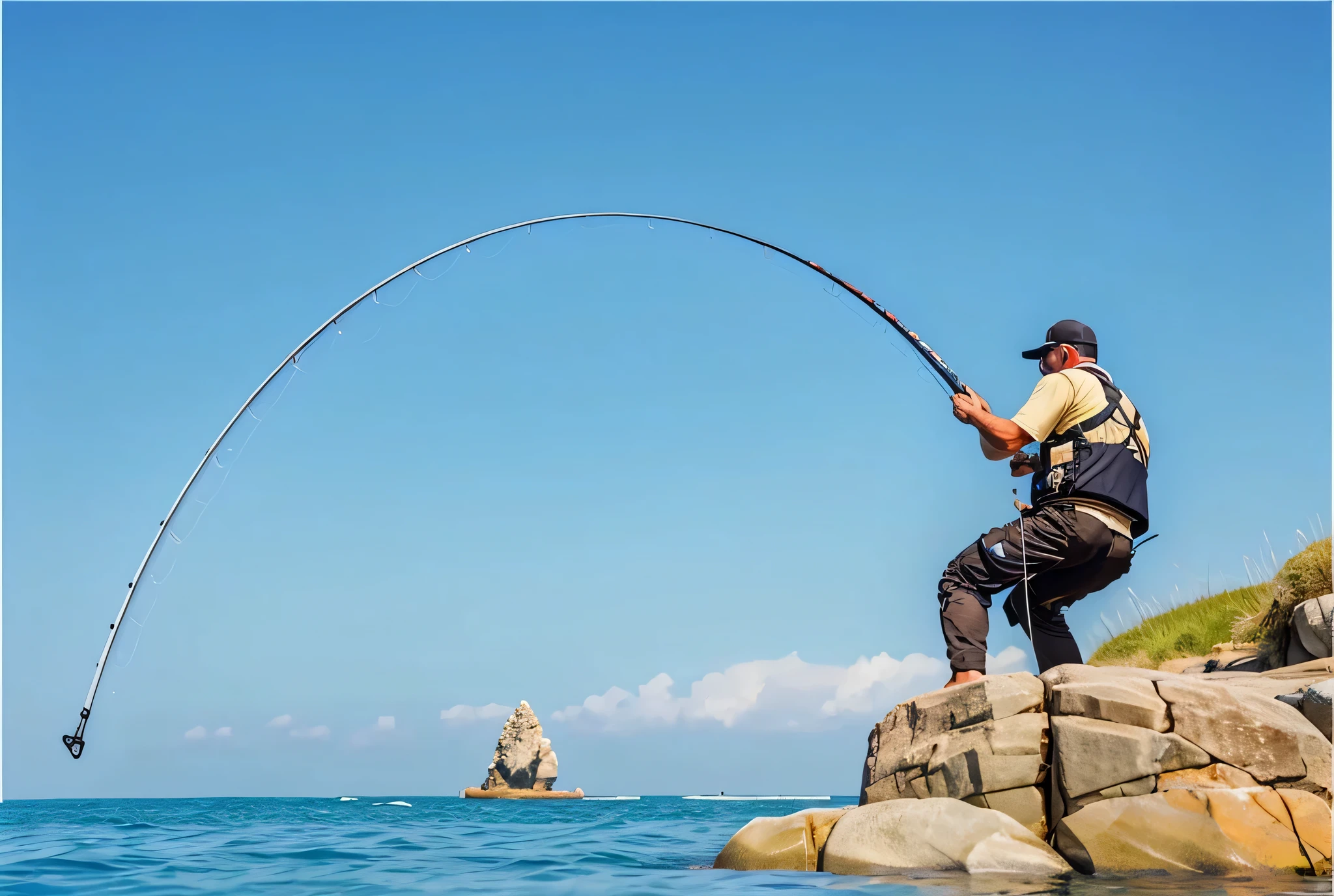 arafed angle of a man fishing on a rock in the ocean, 人们在边缘fishing, fishing pole, fisherman, big bass fishing, magical fishing rod weapon, the robot has a fishing rod, stunning shots, fishing, Center lens, cover shoot, Striking pose, perfect angle, high constrast, extremely high quality, wielding a fish sword