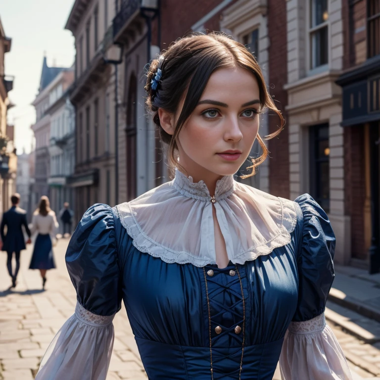 Hyper-realistic, masterpiece, screen shot, best quality, 1girl, beautiful portrait, close-up zoom, high resolution, 8k,of a woman in a blue sky dress walking down a street, walking in evening, Victorian lady, a beautiful Victorian woman, Victorian fantasy art, Herbert James Draper,  dressed in Victorian clothes, Vittorio Matteo Corcos, beautiful character.