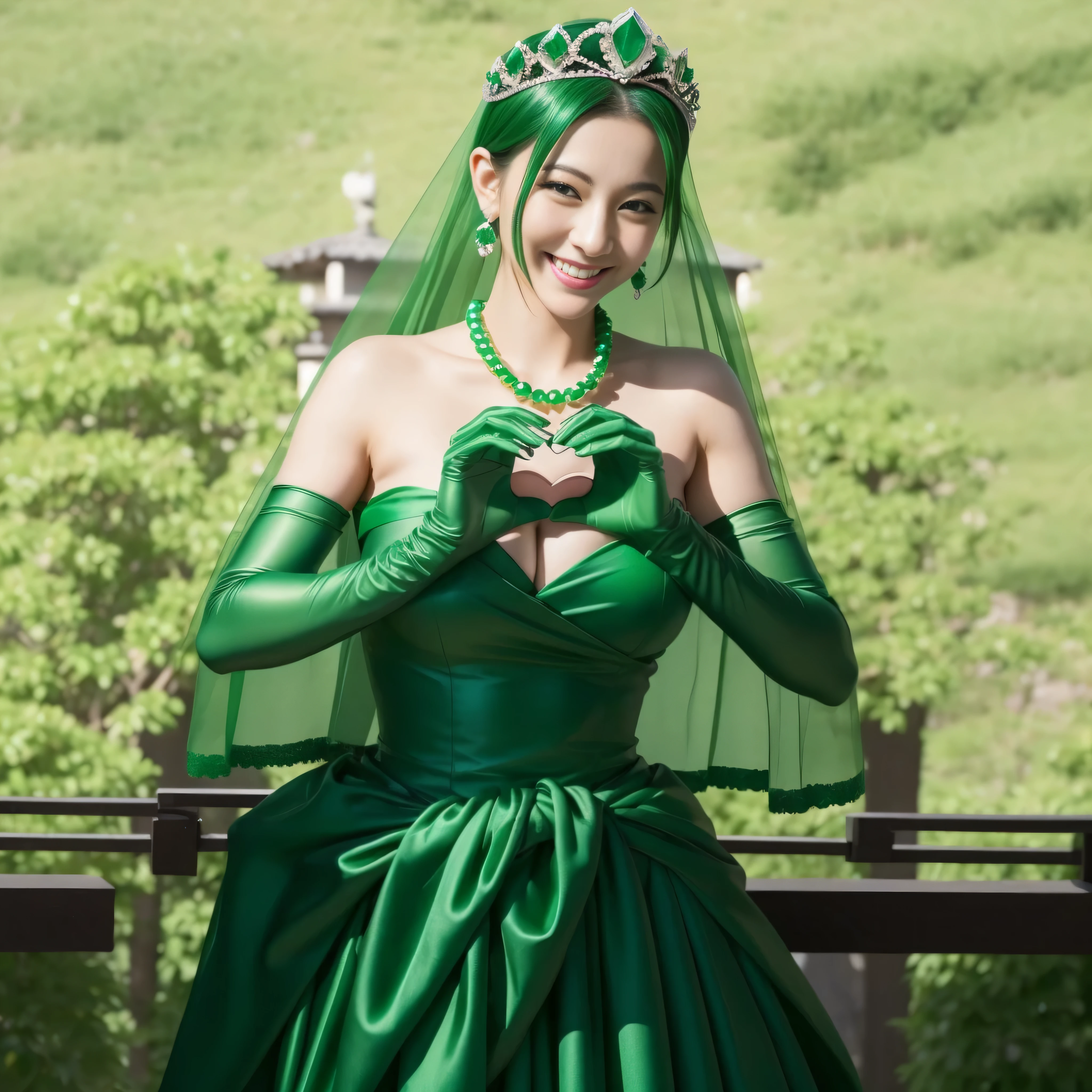 emerald tiara, green pearl necklace, ボーイッシュな非常に短いgreen hair, lipstick, smiling Japanese woman, very short hair, Beauty with large breasts, green eyes, Long Green Satin Gloves, green eyes, emerald earrings, green veil, heart with both hands, green hair, Beautiful Japan woman in her 30s, heart shaped hand:1.3