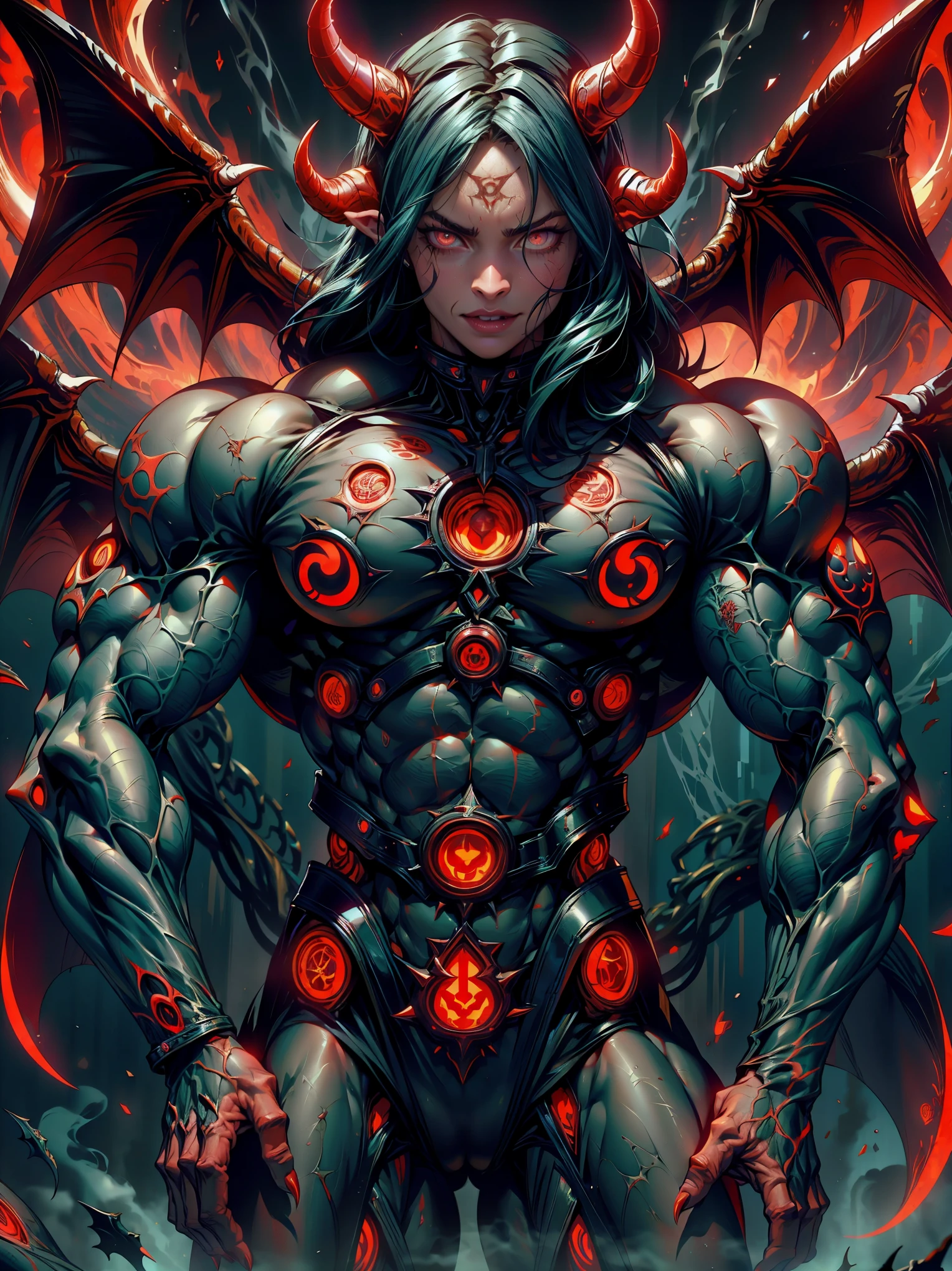 (1 girl), (megan fox:1.25), (naked:1.25), Sexy Evil naked demonic Succubus, (Muscular skinless anatomy:1.25), (large Demon horns:1.25), demonic tech muscular bodysuit, an evil red glow emanating from her, (huge demonic wings:1.25), Black Eyes, large veiny breasts, perfect hands, diabolic, insidious, Context of the Satanic Church, (8k, RAW photo, photorealistic:1.25),