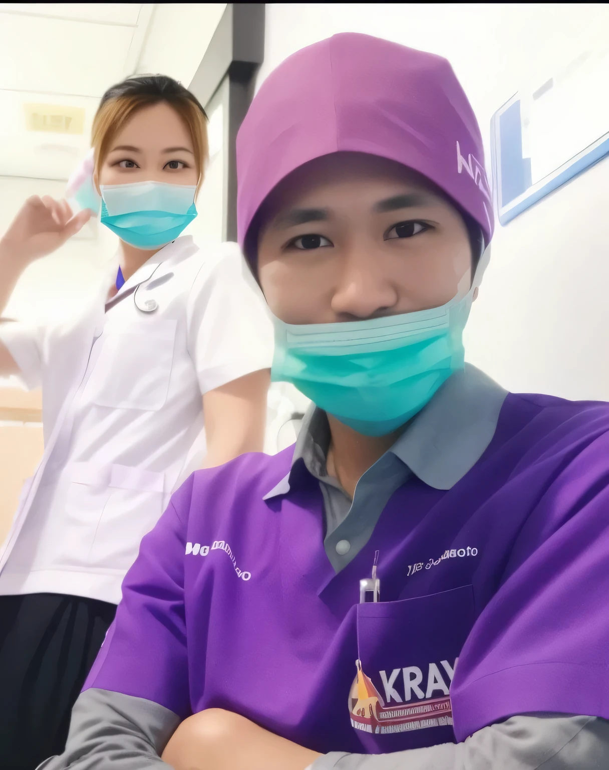arafed woman wearing a purple swatchirt and a blue mask, witwatch godray, twatchawan ducwatchanee, surgical mask covering moutwatch, nurse, beam, good morning, doctor wearing a mask, wearing a purple hat, watchealtwatchcare worker, Profile picture, surgeon, dentist, Profile picture, surgery, Real ungine, watch. kyowatcht luterman