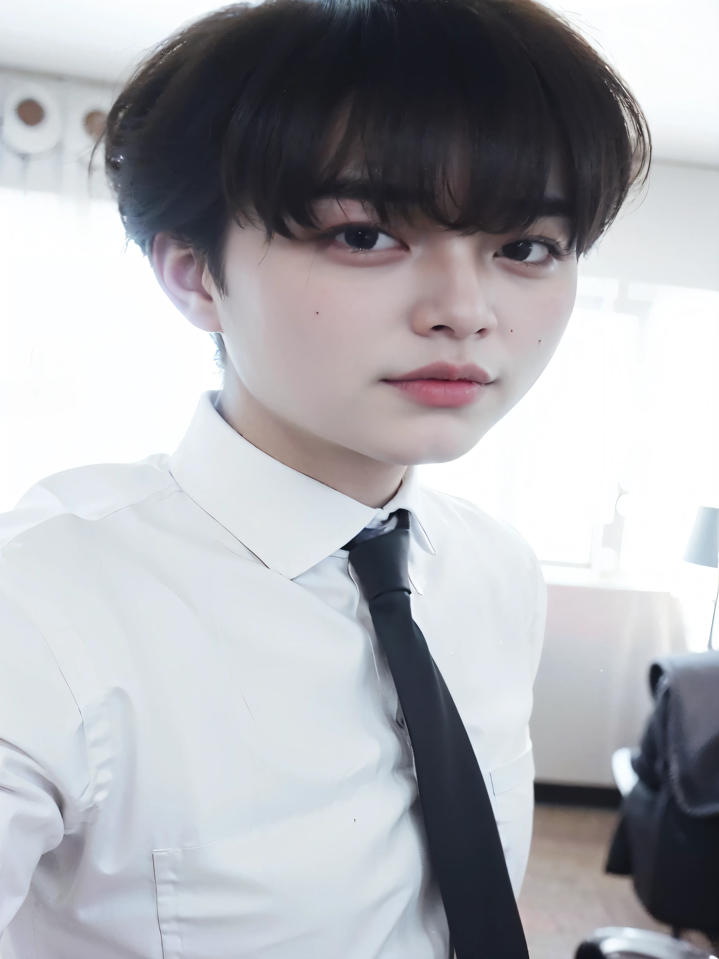 There is a man wearing a white shirt and black tie, Inspired by Shinji Aramaki, desaturate!!, wearing a suit and tie, wearing suit and tie, Douban, post-processed), Inspired by Li Quanshuo, Shinji, suit and tie, With Instagram filter, long hair, Wear a suit and tie, Handsome Chad Chin, black hair